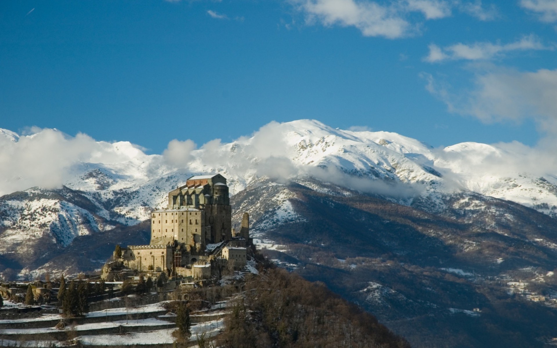 Sacra di San Michele, Piemonte, Italia, Alpi, Neve, 1920x1200, wallpaper desktop