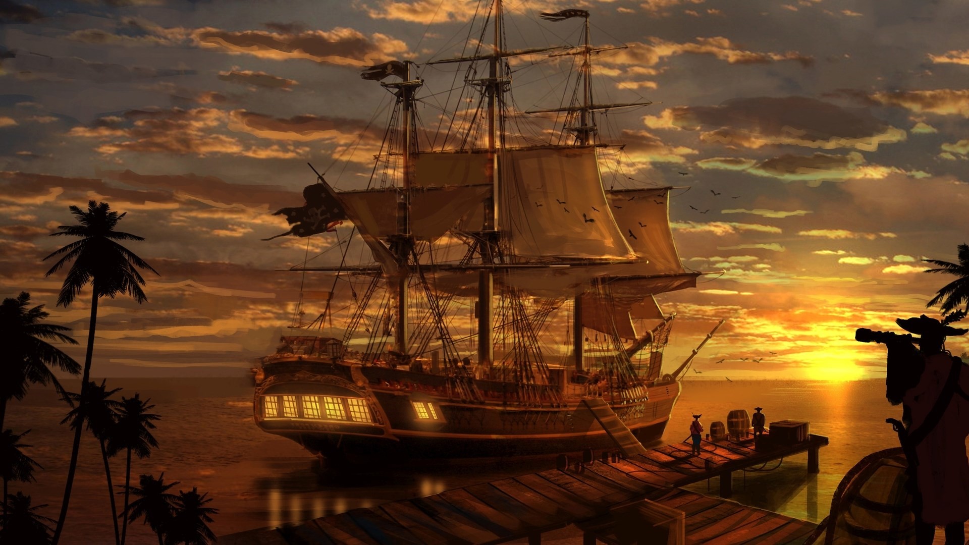 Nave pirata, Porto, Tramonto, Palme, Full HD 1080p, sfondo desktop