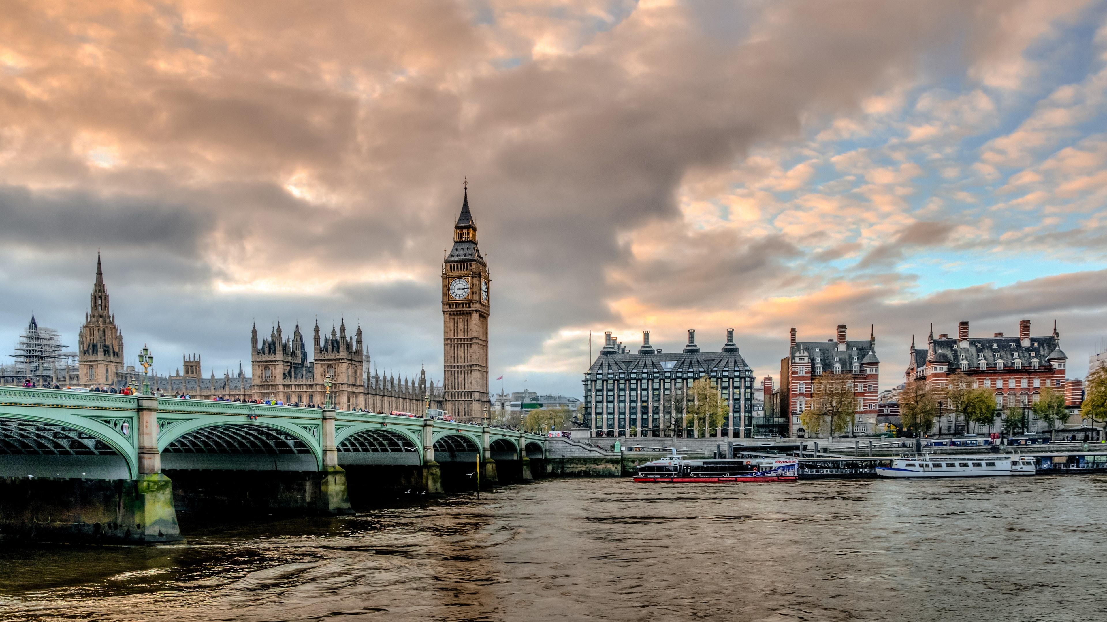 Big Ben, Ponte di Westminster, Tamigi, Londra, Nuvole, 4K, sfondo per PC