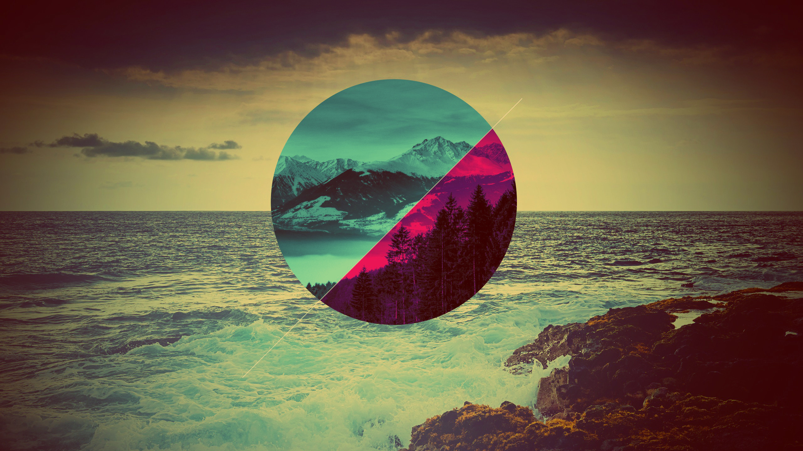 Cerchio, Montagne, Mare, Geometrico, Vintage, 2K, wallpaper per portatile