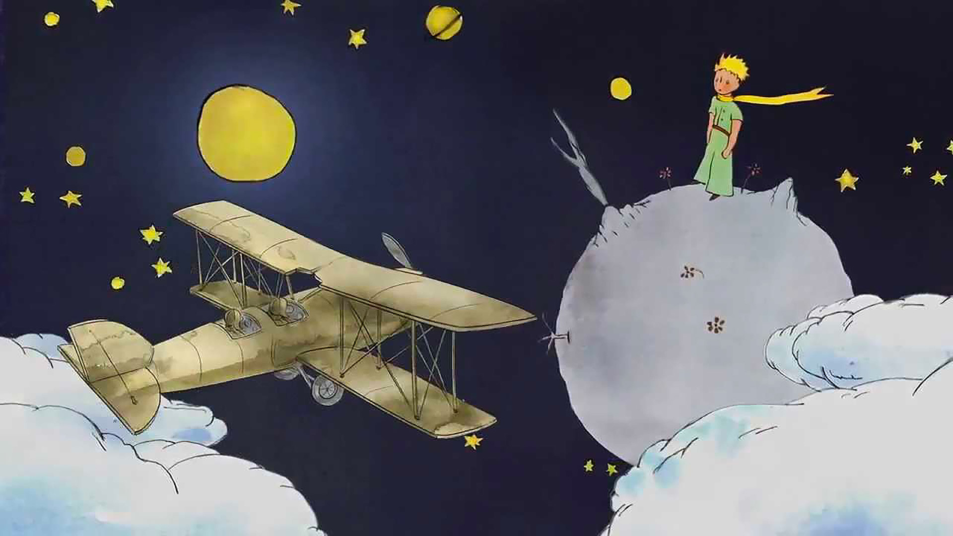 Il Piccolo Principe, Asteroide B 612, Biplano, Luna, Illustrazione, sfondo desktop 1080p