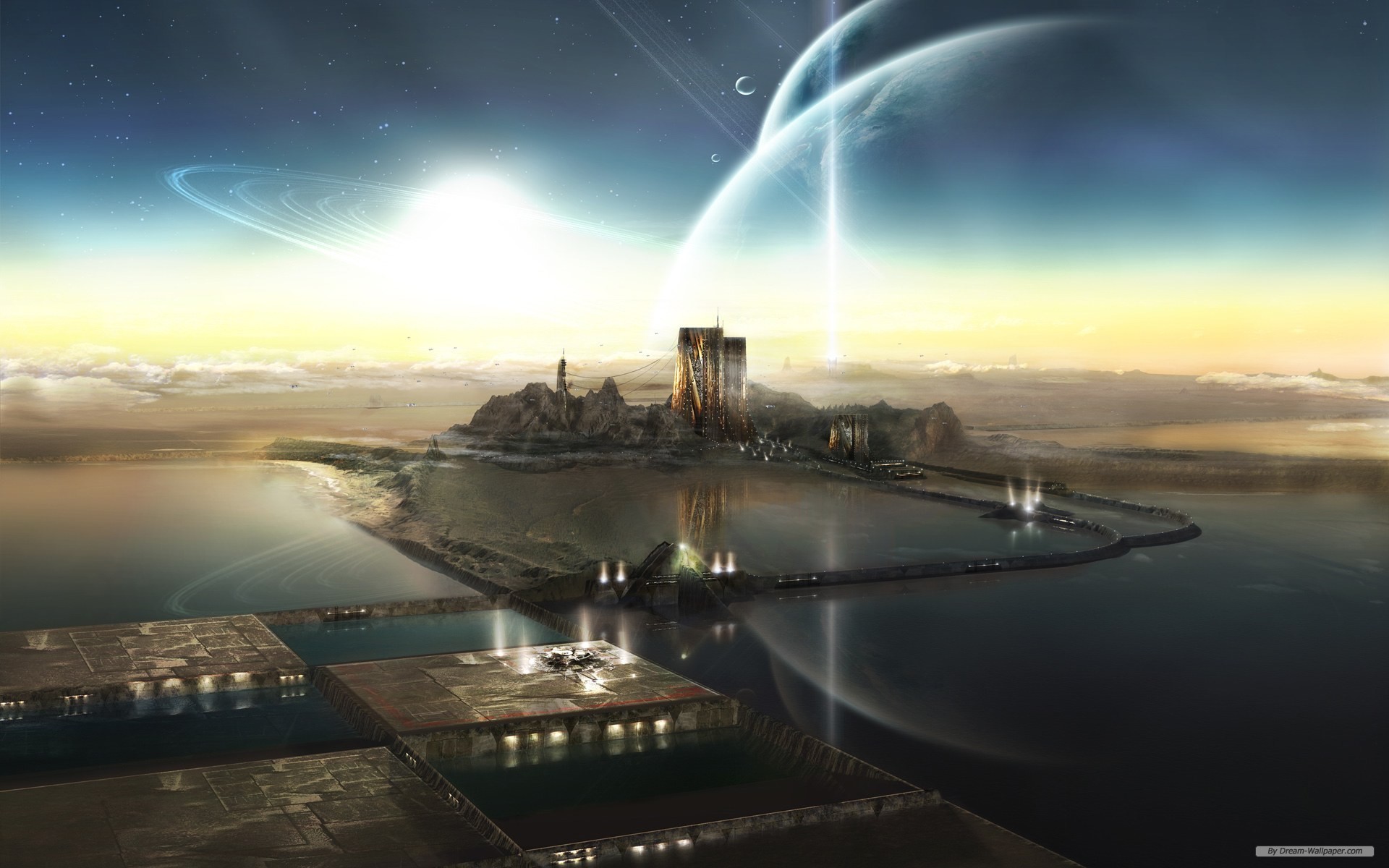 Città futuristica, Pianeti, Fantascienza, Arte digitale, 16:10 Full HD, sfondo widescreen
