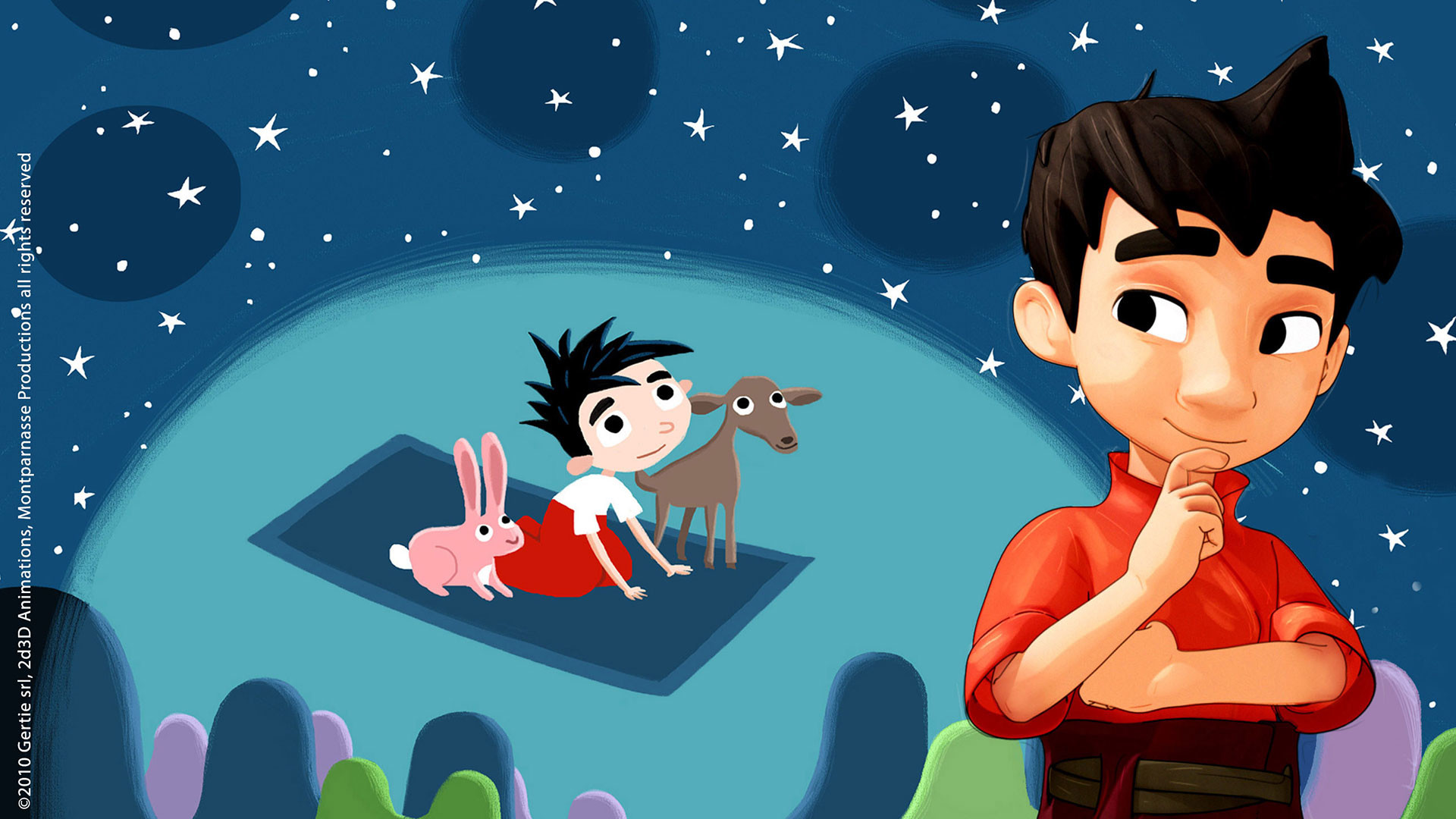 Bambino, Tappeto volante, Coniglio, Notte stellata, Full HD, sfondo per PC