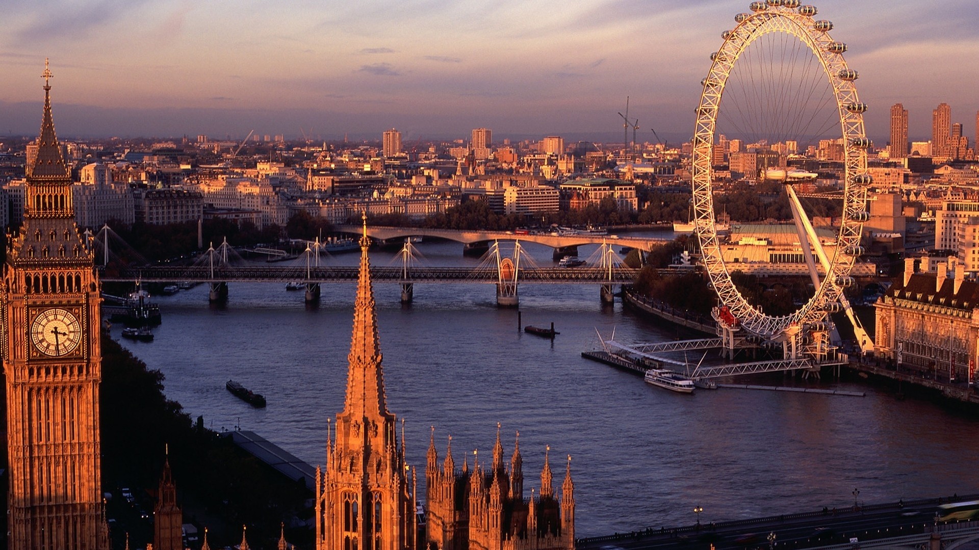 London Eye, Big Ben, Tamigi, Londra, Tramonto, Full HD, sfondo desktop