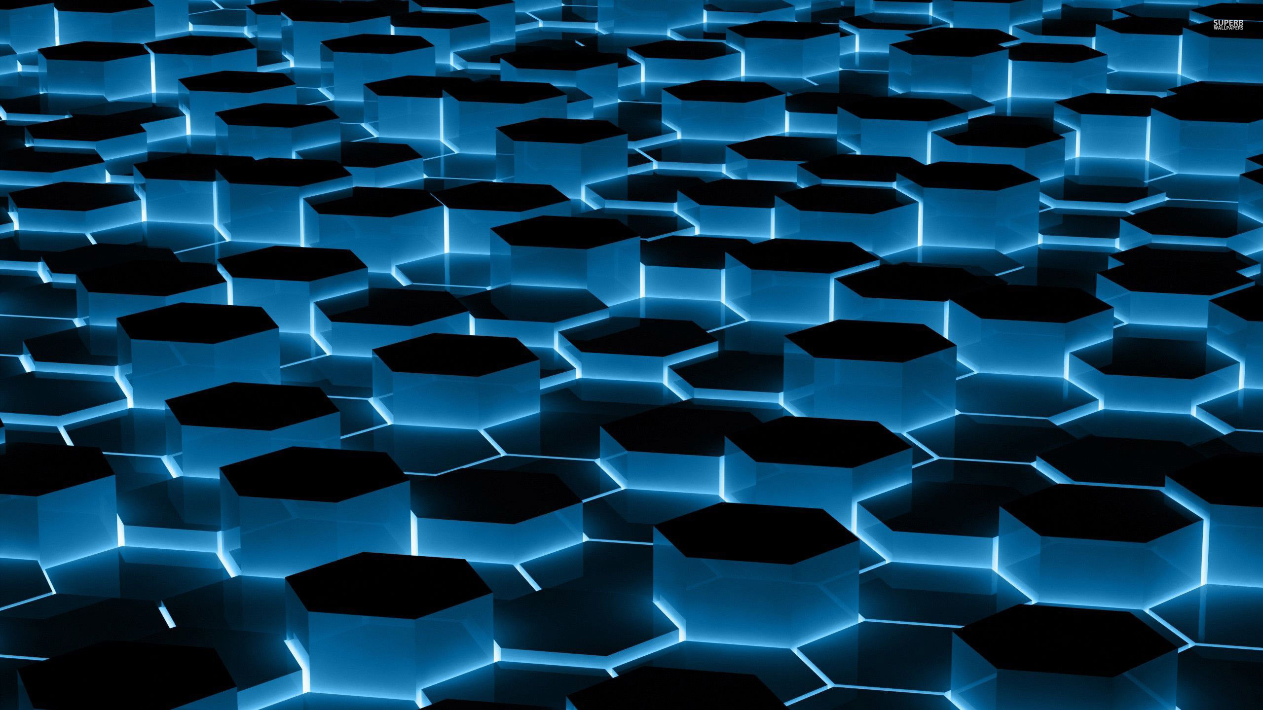 Esagoni, 3D, Neon blu, Geometrico, 2K, sfondo per PC e portatile