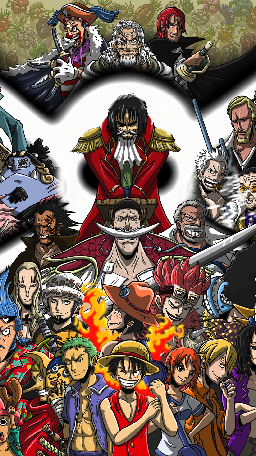 Trafalgar Law, Monkey D. Luffy, Gol D. Roger, Barbabianca, One Piece, Collage, sfondo per smartphone