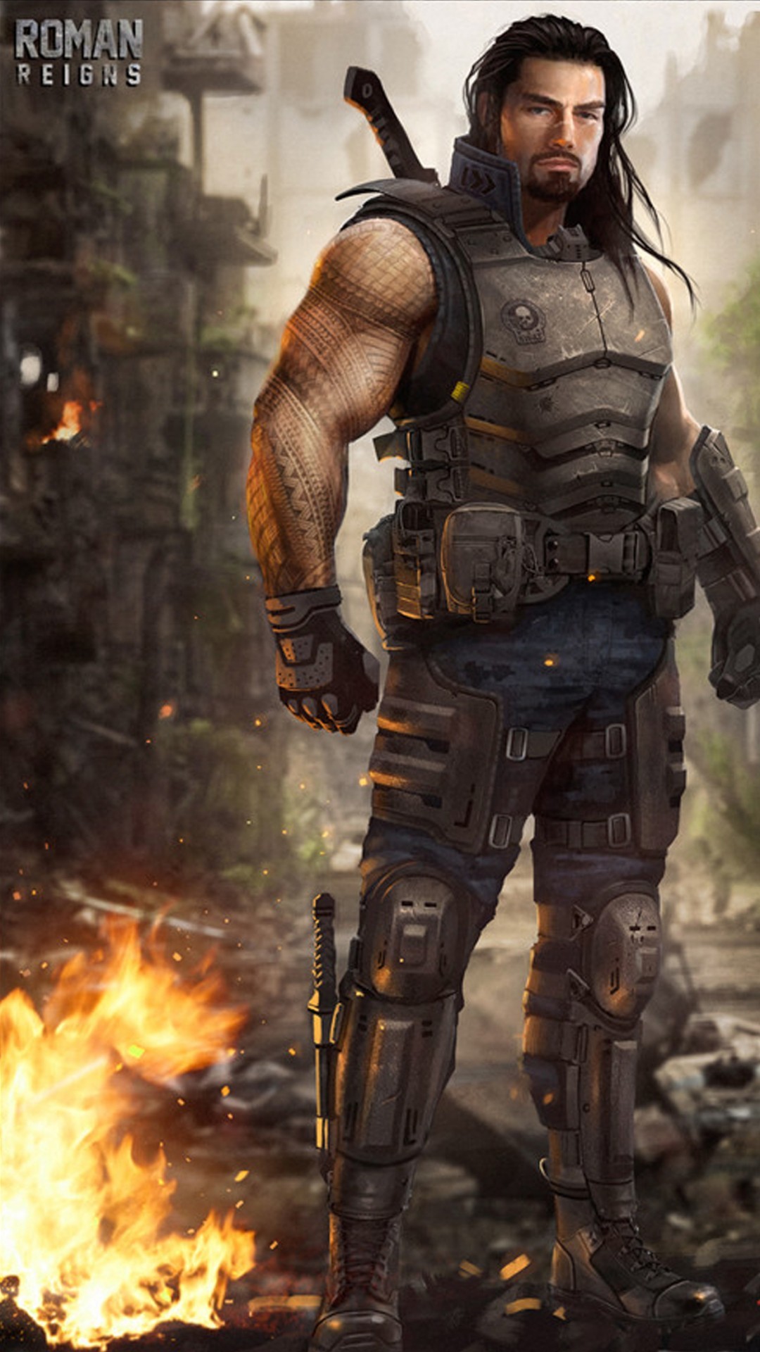 Roman Reigns, WWE, Fiamme, Rovine, Full HD, sfondo verticale per cellulare