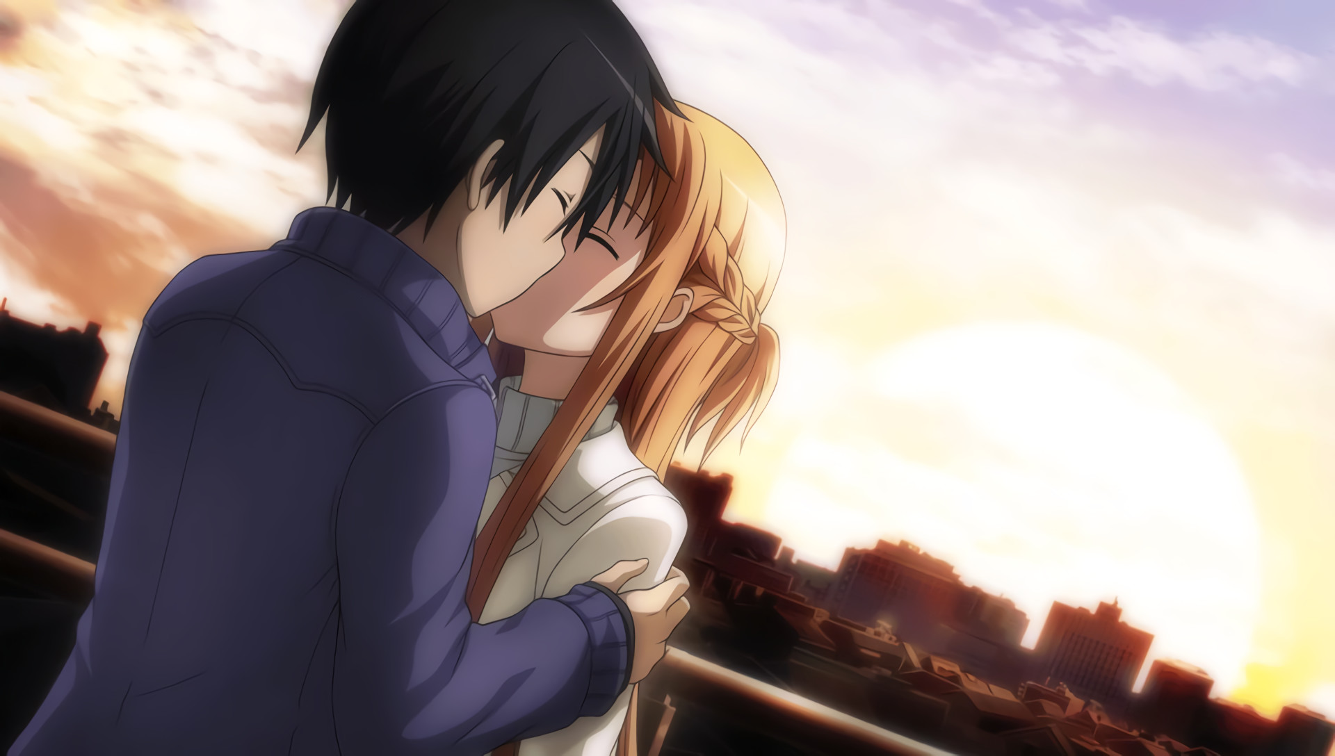 Kirito, Asuna, Sword Art Online, Bacio, Tramonto, Full HD, sfondo Windows 11