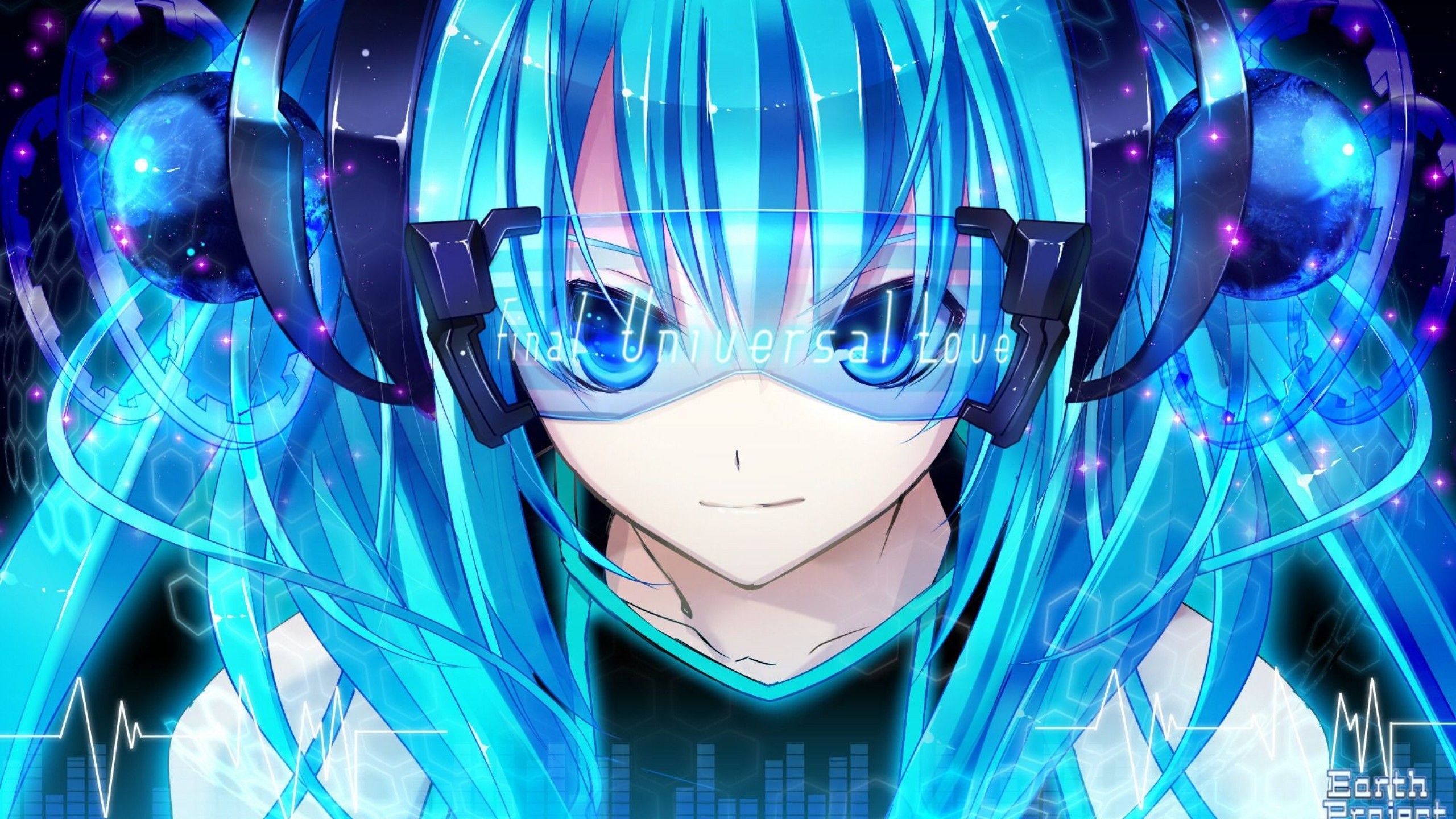 Hatsune Miku, Vocaloid, Cuffie, Blu, Neon, 2560x1440, immagine di sfondo
