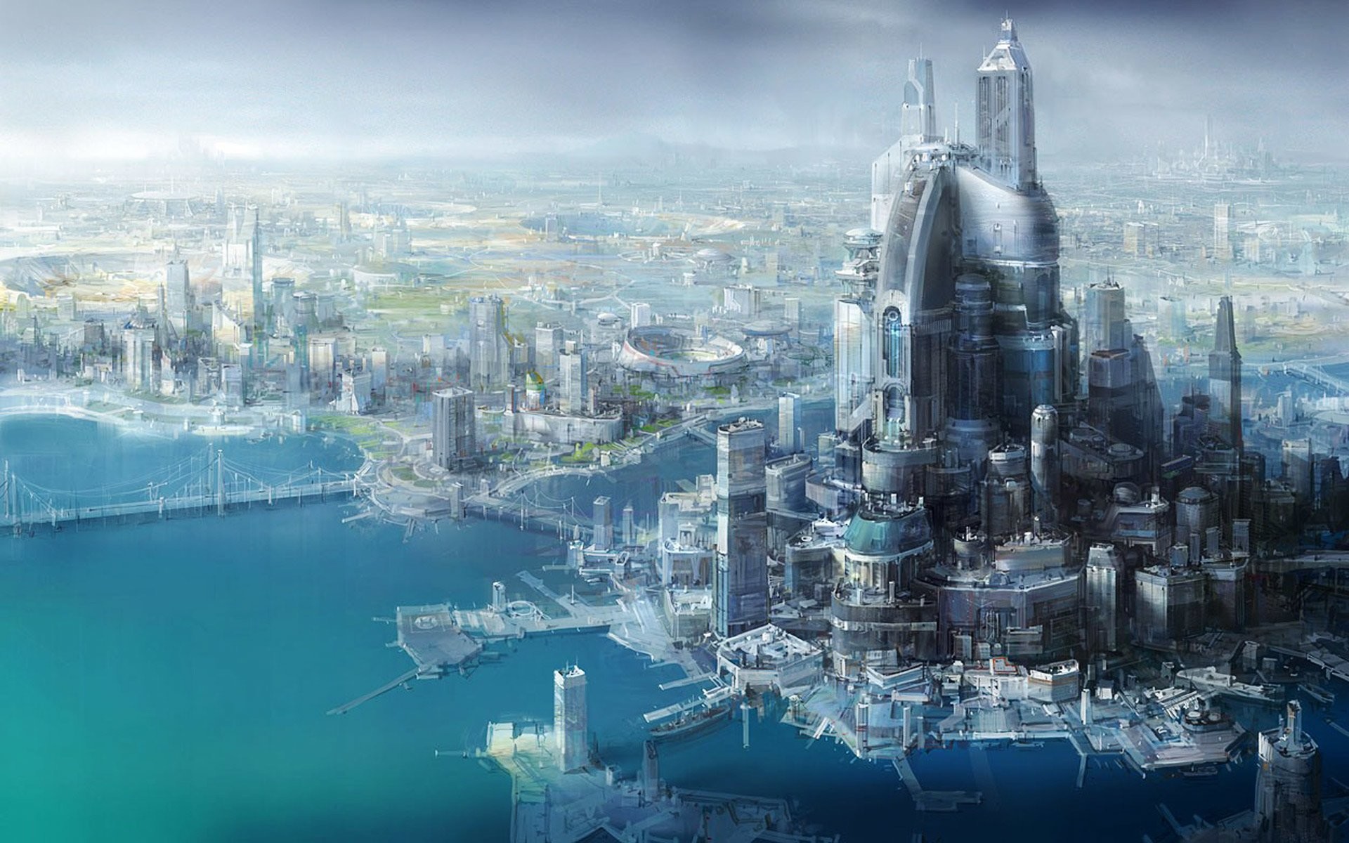 Città futuristica, Mare, Grattacieli, Fantascienza, Vista aerea, sfondo Full HD per PC