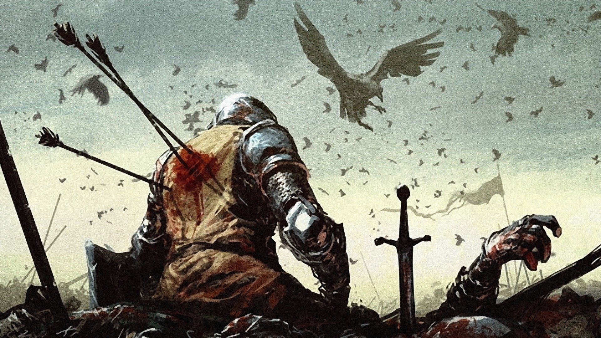 Cavaliere caduto, Frecce, Corvi, Campo di battaglia, Spada, Full HD, sfondo per PC