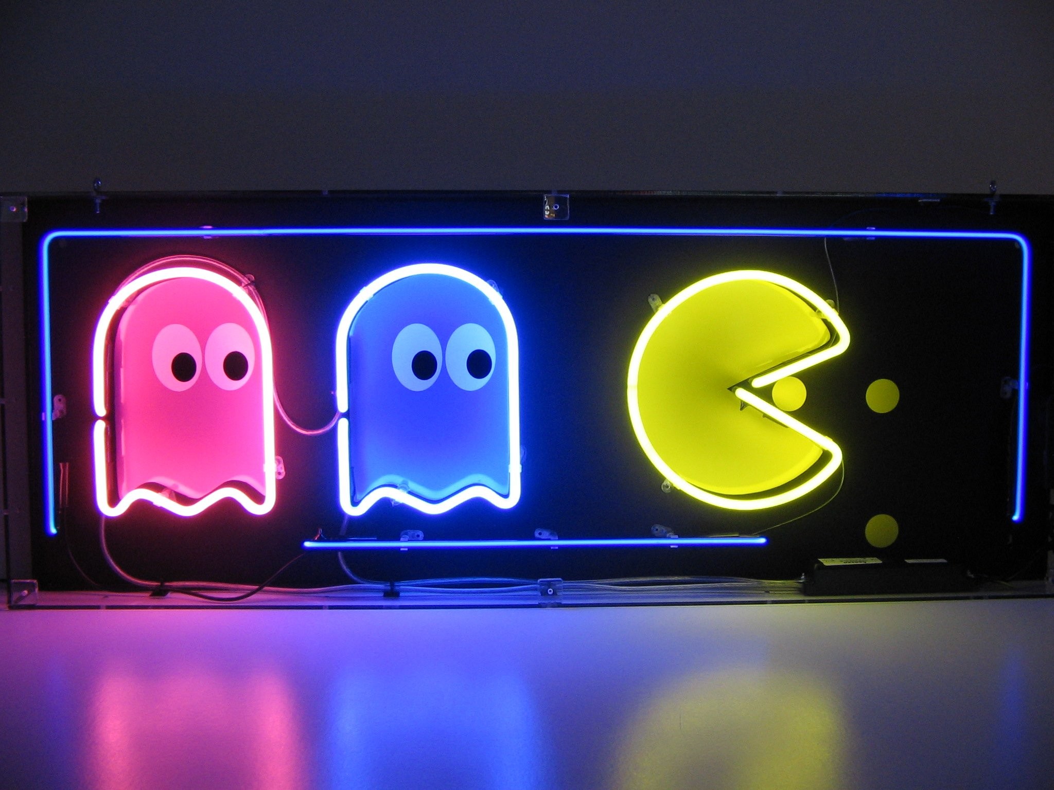 Pac-Man, Fantasmi, Insegna al neon, Rosa e blu, Neon, Full HD, sfondo per iPad e tablet