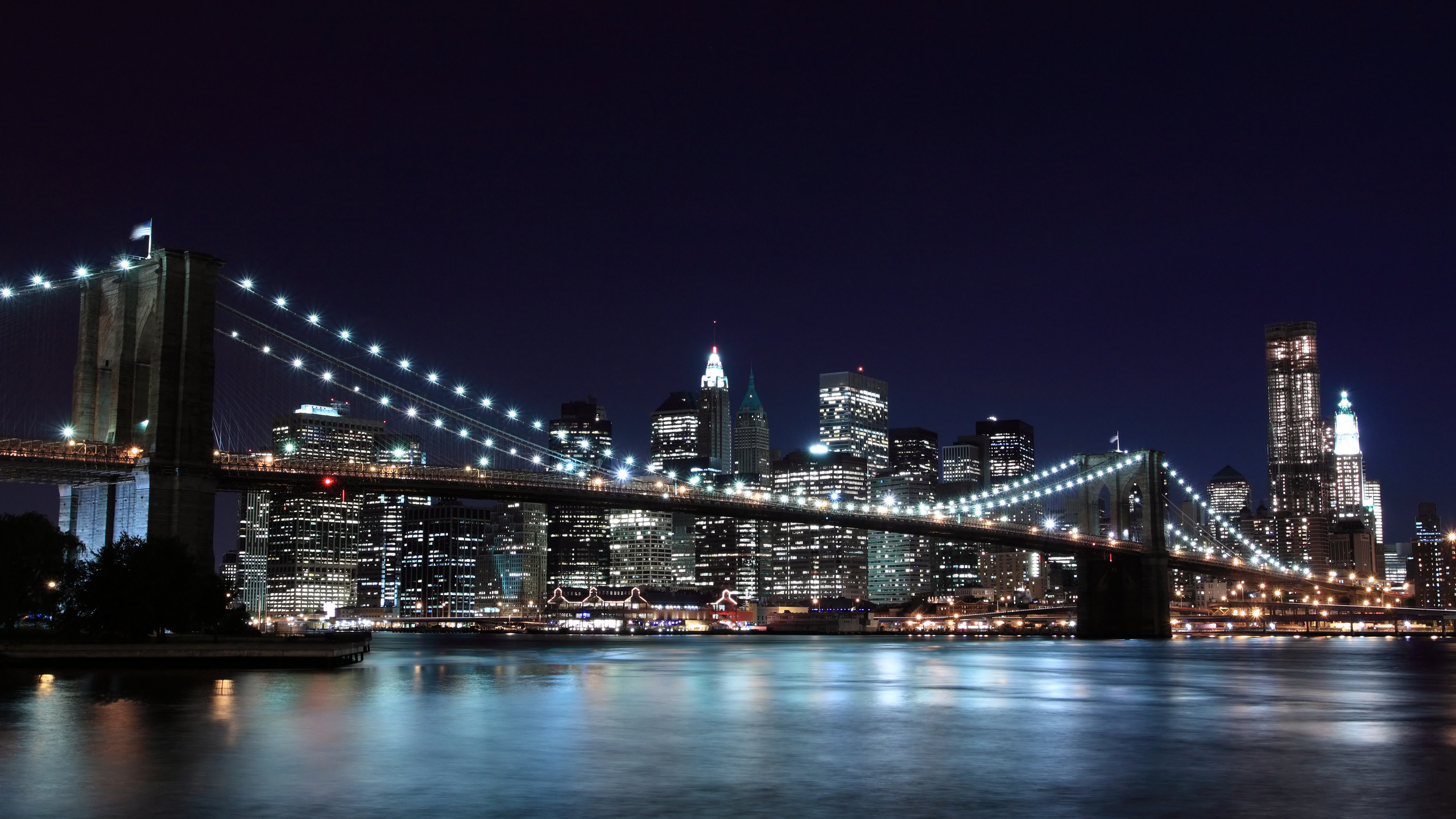 Ponte di Brooklyn, Lower Manhattan, New York, Notte, 2K, wallpaper per PC