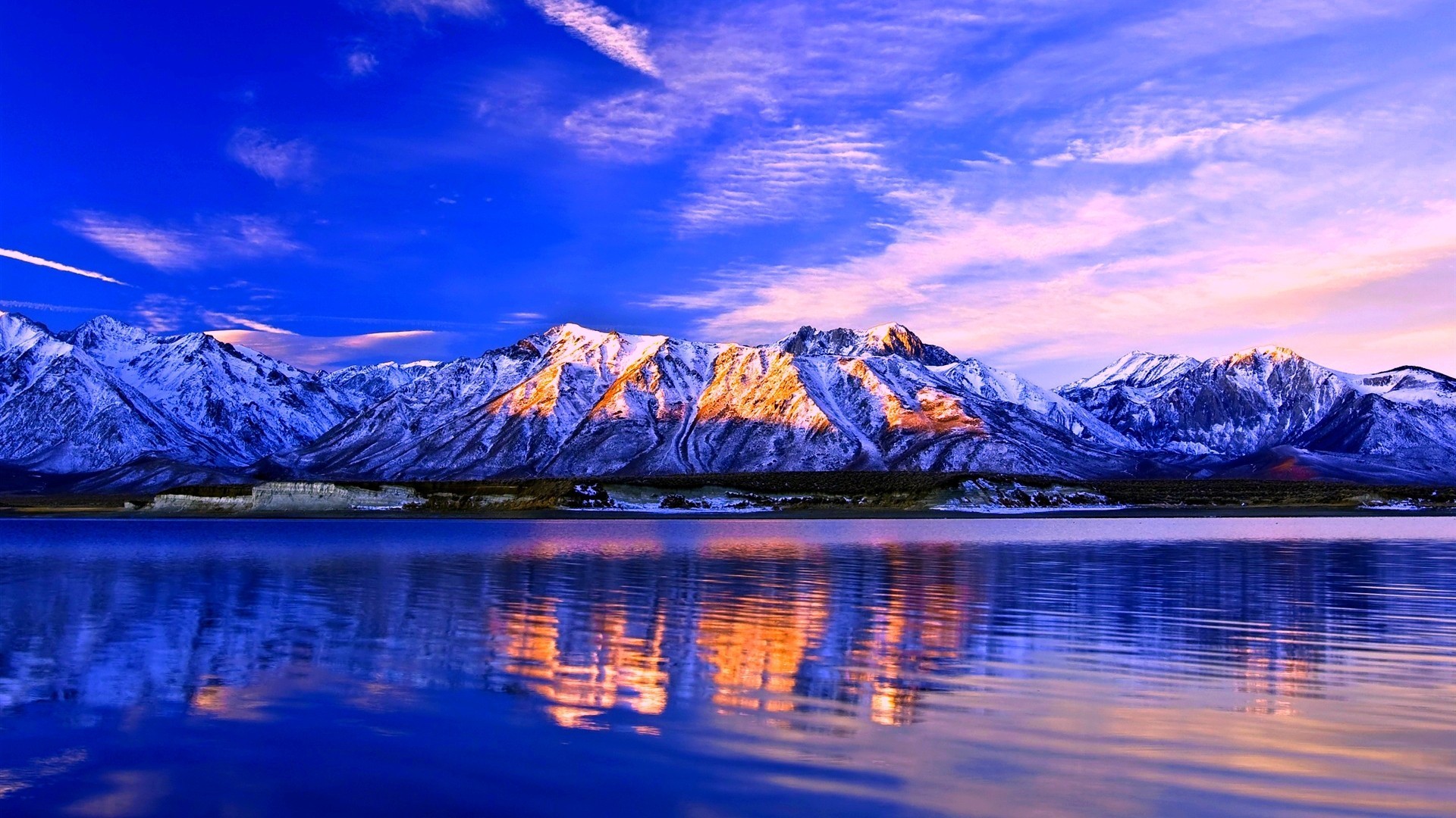 Montagne innevate, Lago, Riflesso, Tramonto, 1920x1080, immagine di sfondo