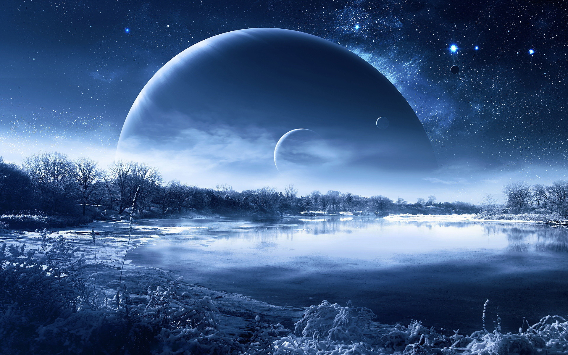 Pianeta, Lago ghiacciato, Notte, Inverno, Blu, 1920x1200, wallpaper desktop
