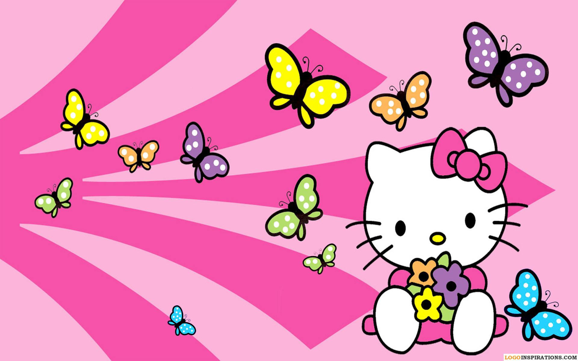 Hello Kitty, Farfalle, Fiori, Raggi rosa, Cartone animato, Full HD, sfondo per PC e portatile
