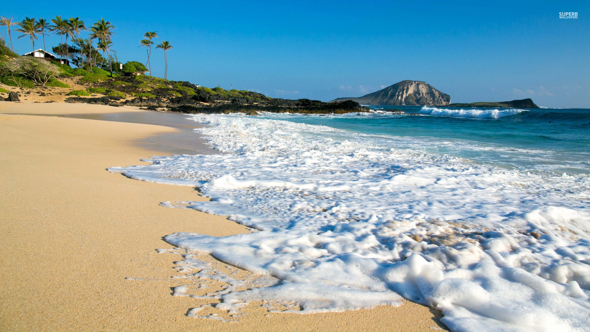 Onde, Schiuma, Spiaggia, Isola, Full HD, sfondo per PC e portatile