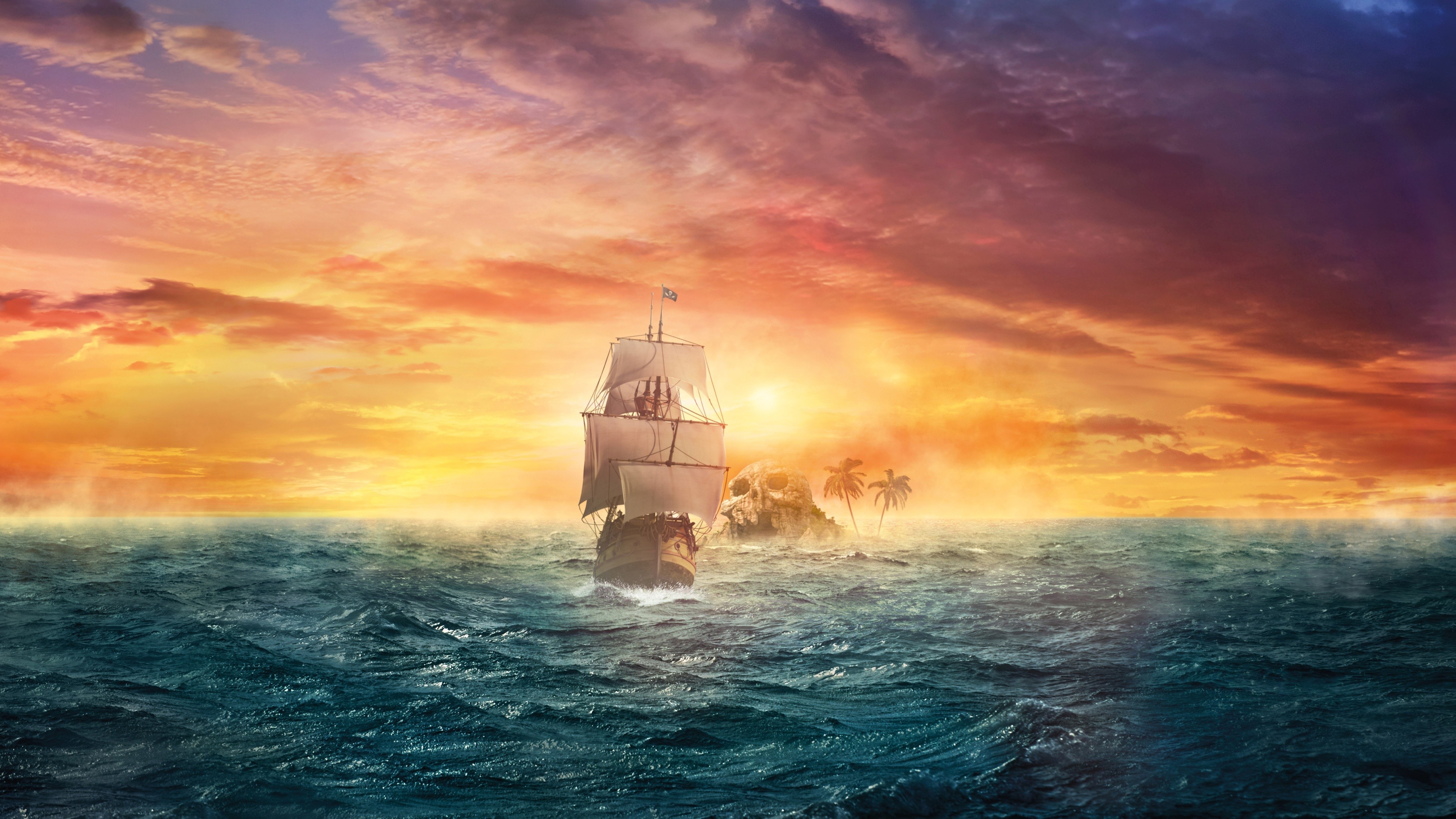Nave pirata, Tramonto, Oceano, Isola, 4K, sfondo Windows 11