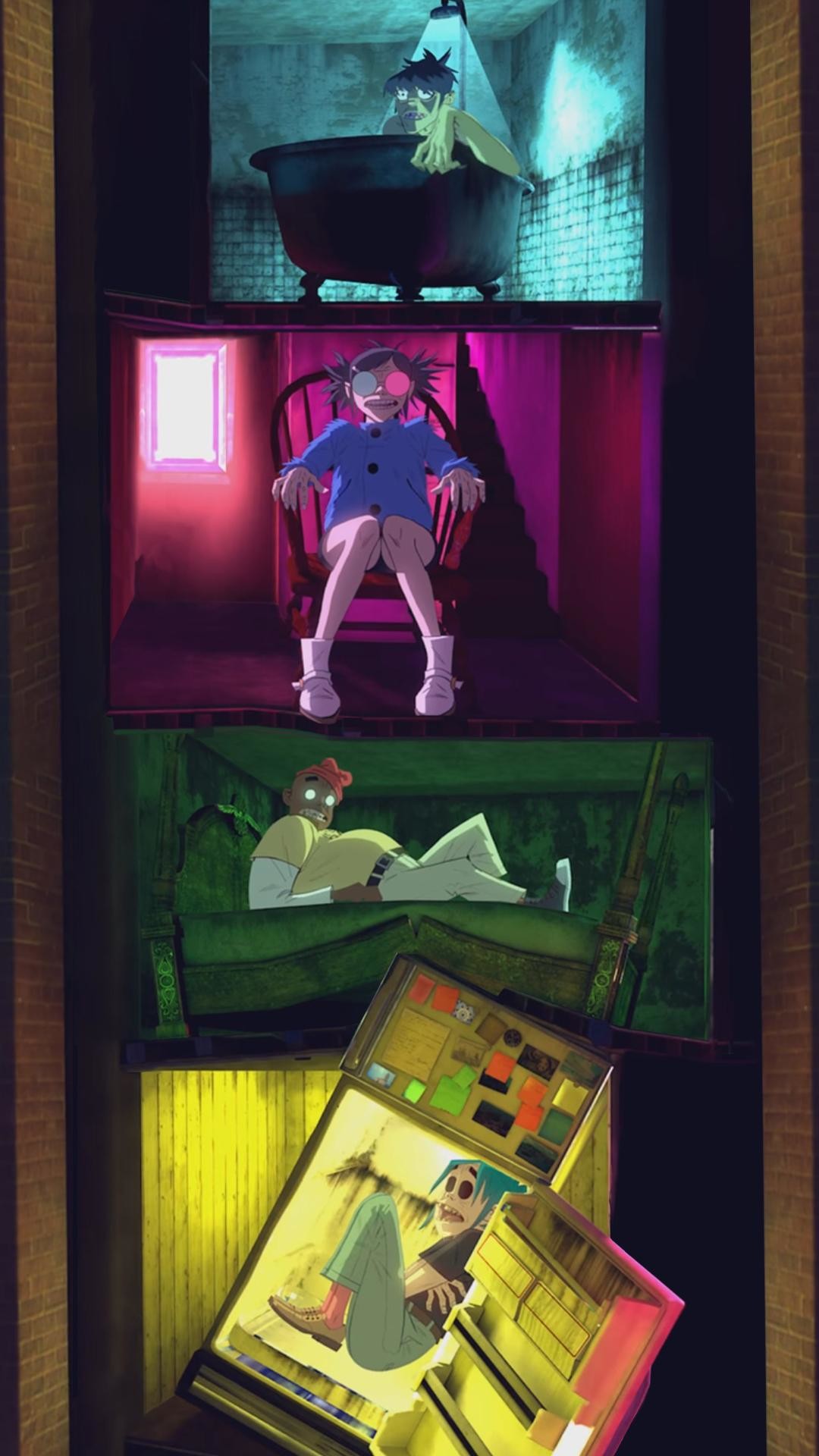 Gorillaz, Fumetto, Stanze, Neon, Full HD, sfondo verticale per cellulare