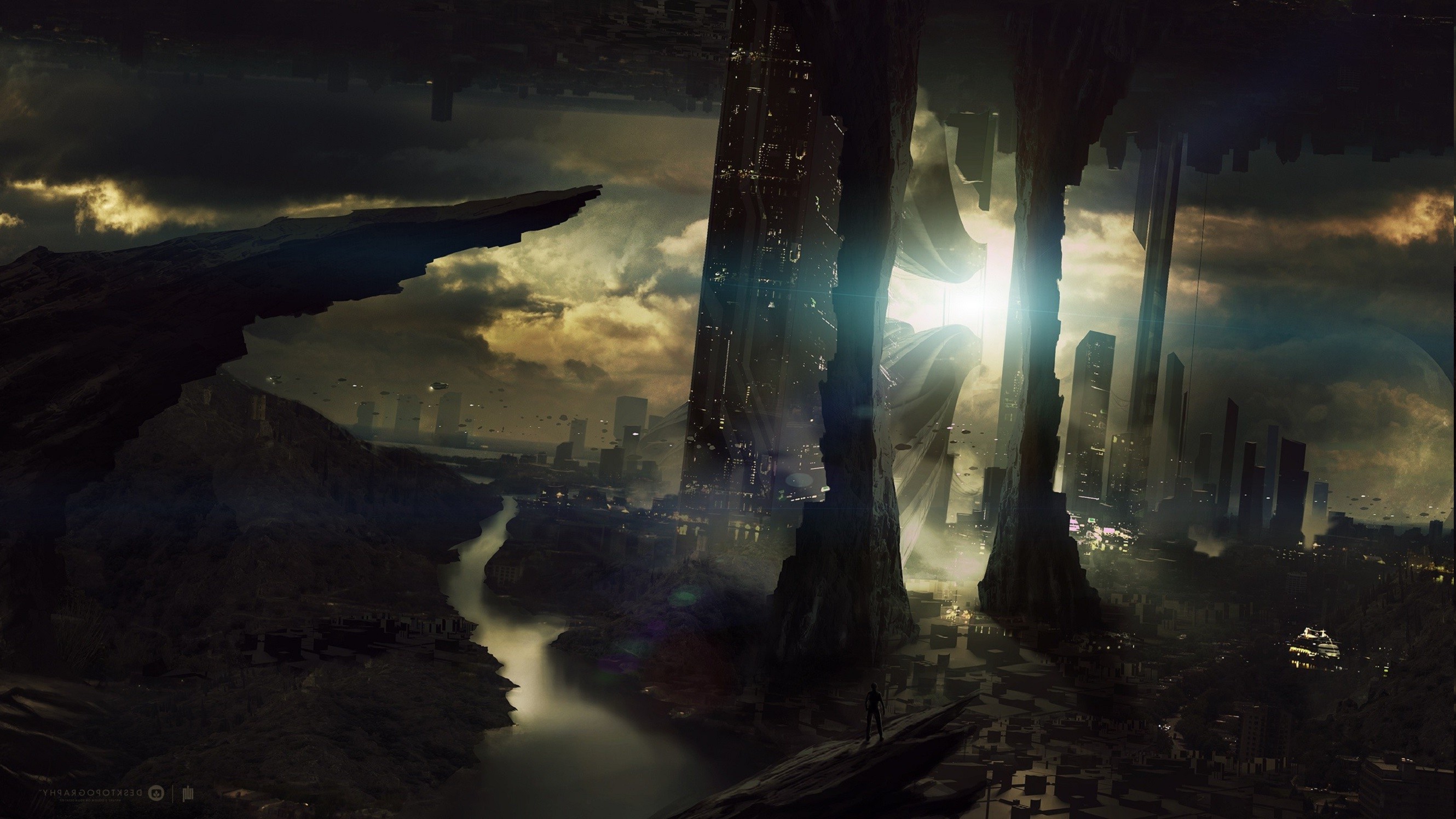 Paesaggio distopico, Rovine, Fiume, Luce del sole, Fantascienza, wallpaper per portatile