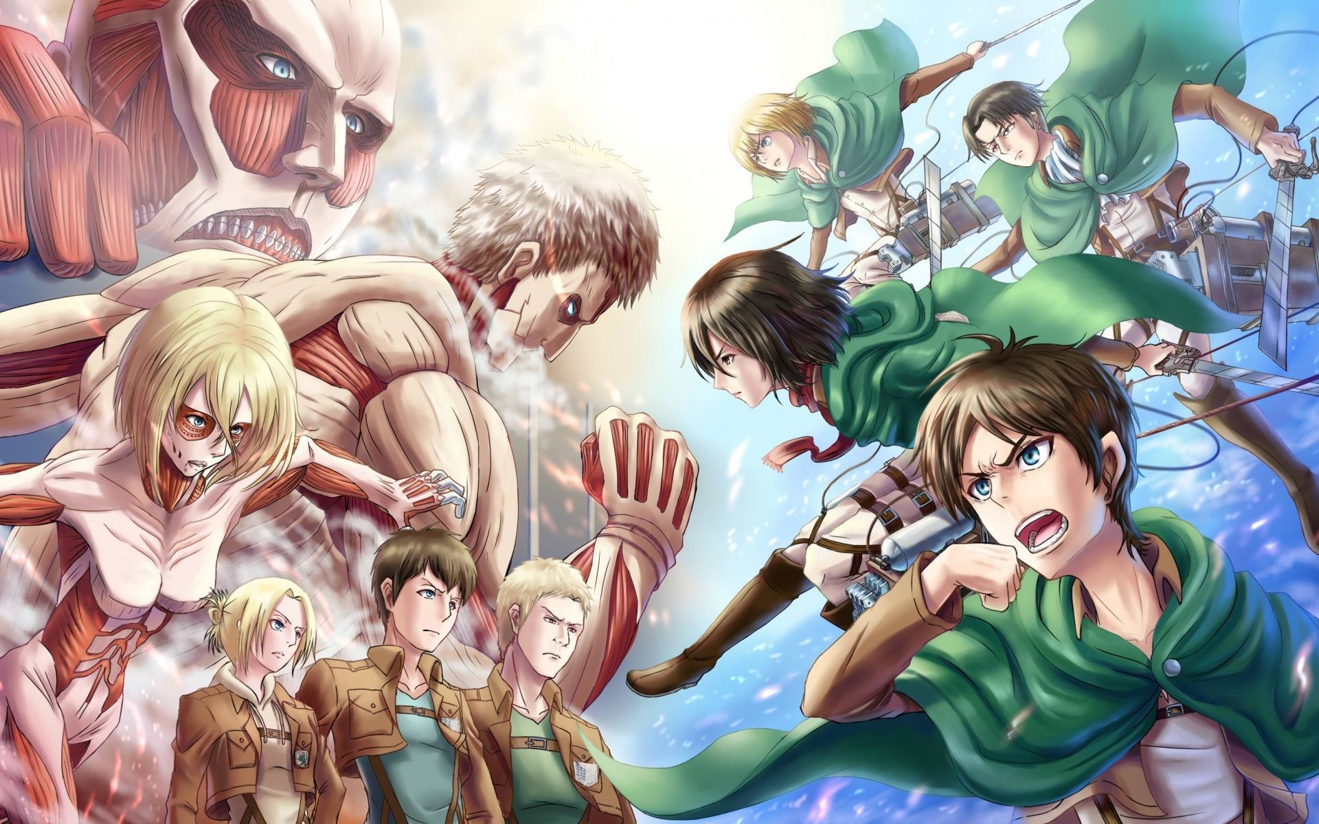 Eren Jaeger, Mikasa Ackerman, L'attacco dei giganti, Gigante colossale, Gigante femmina, sfondo desktop