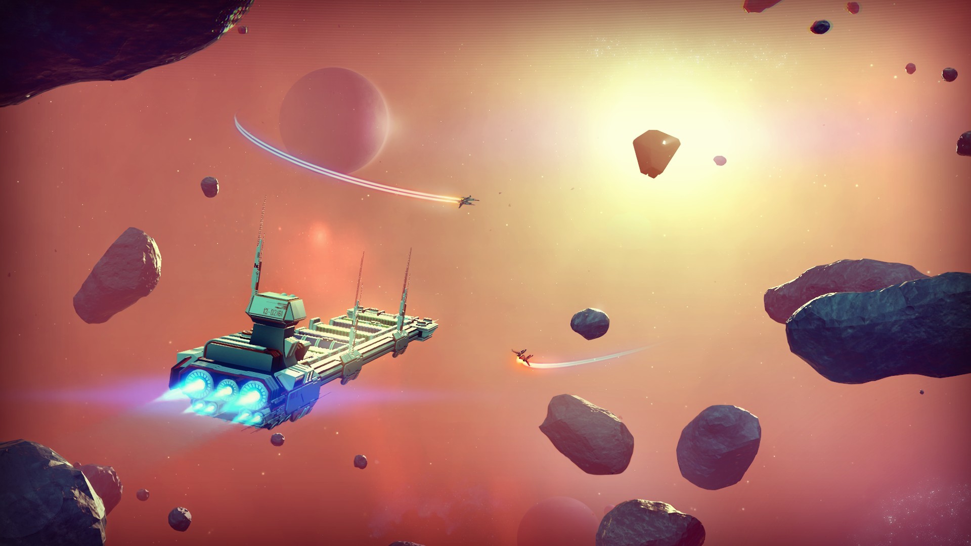 No Man's Sky, Astronave da carico, Asteroidi, Spazio, 16:9 Full HD, sfondo widescreen