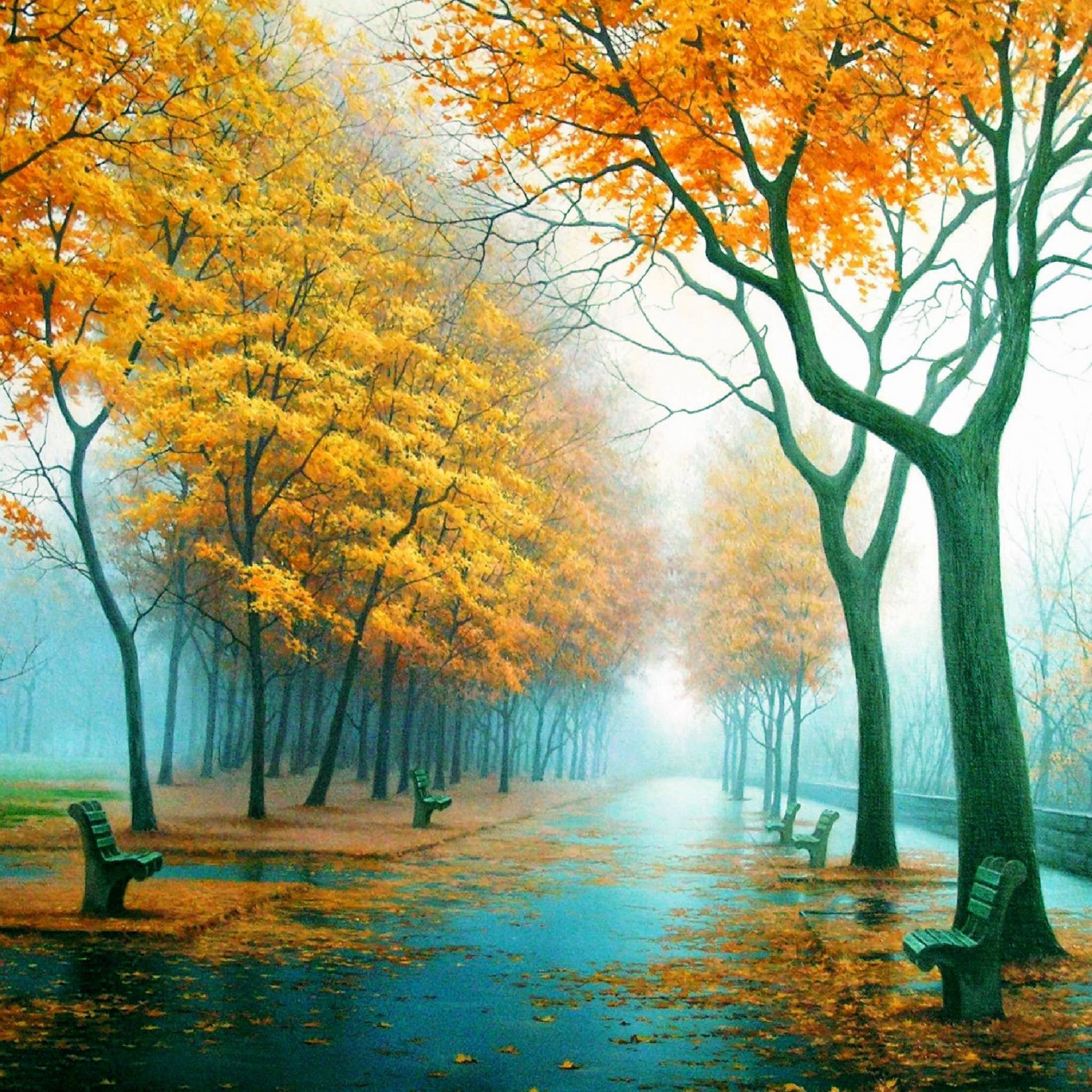 Viale alberato, Alberi autunnali, Pittura digitale, Autunno, Full HD, wallpaper per tablet