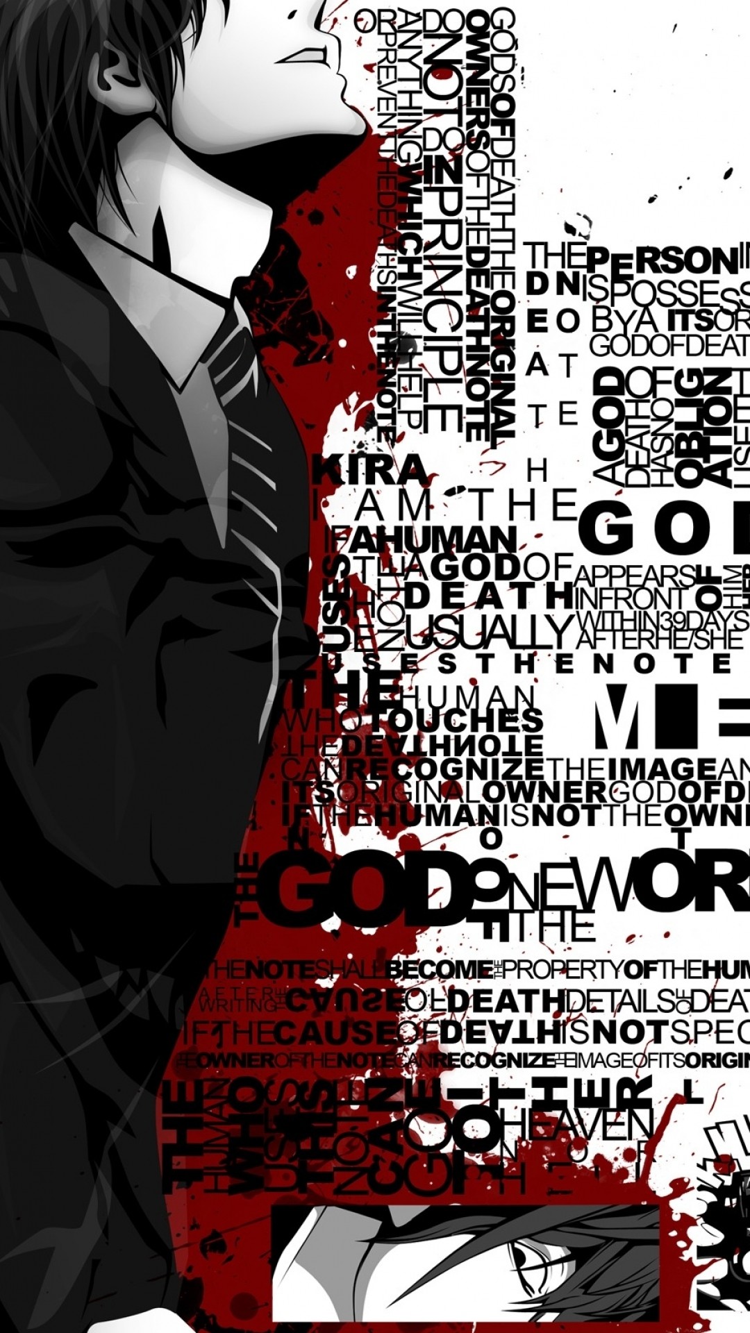 Light Yagami, Kira, Death Note, Tipografia, Rosso e nero, 1080x1920, schermata di blocco iPhone