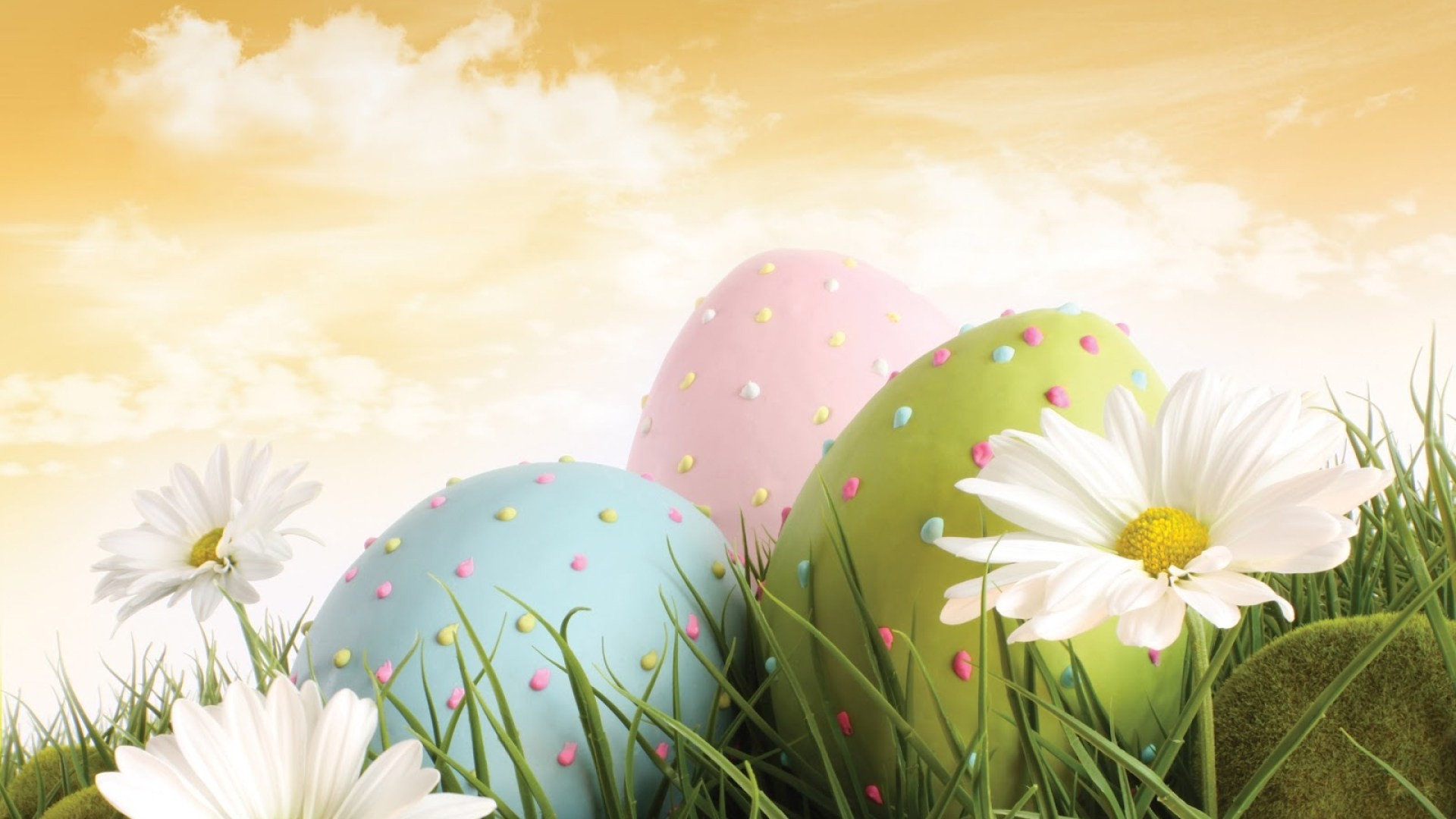 Uova di Pasqua, Margherite, Colori pastello, Erba, Cielo dorato, sfondo 1920x1080 per PC