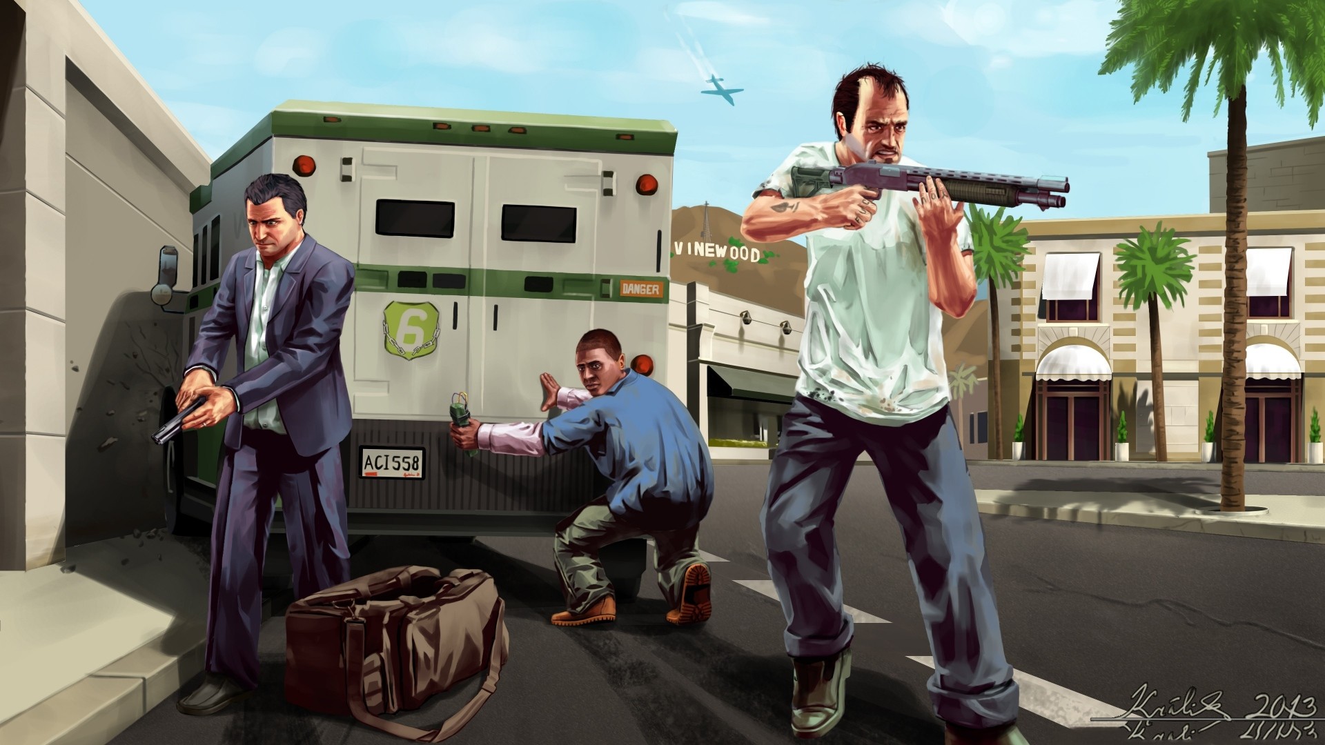 Michael De Santa, Franklin Clinton, Trevor Philips, Grand Theft Auto V, Furgone portavalori, sfondo 1080p