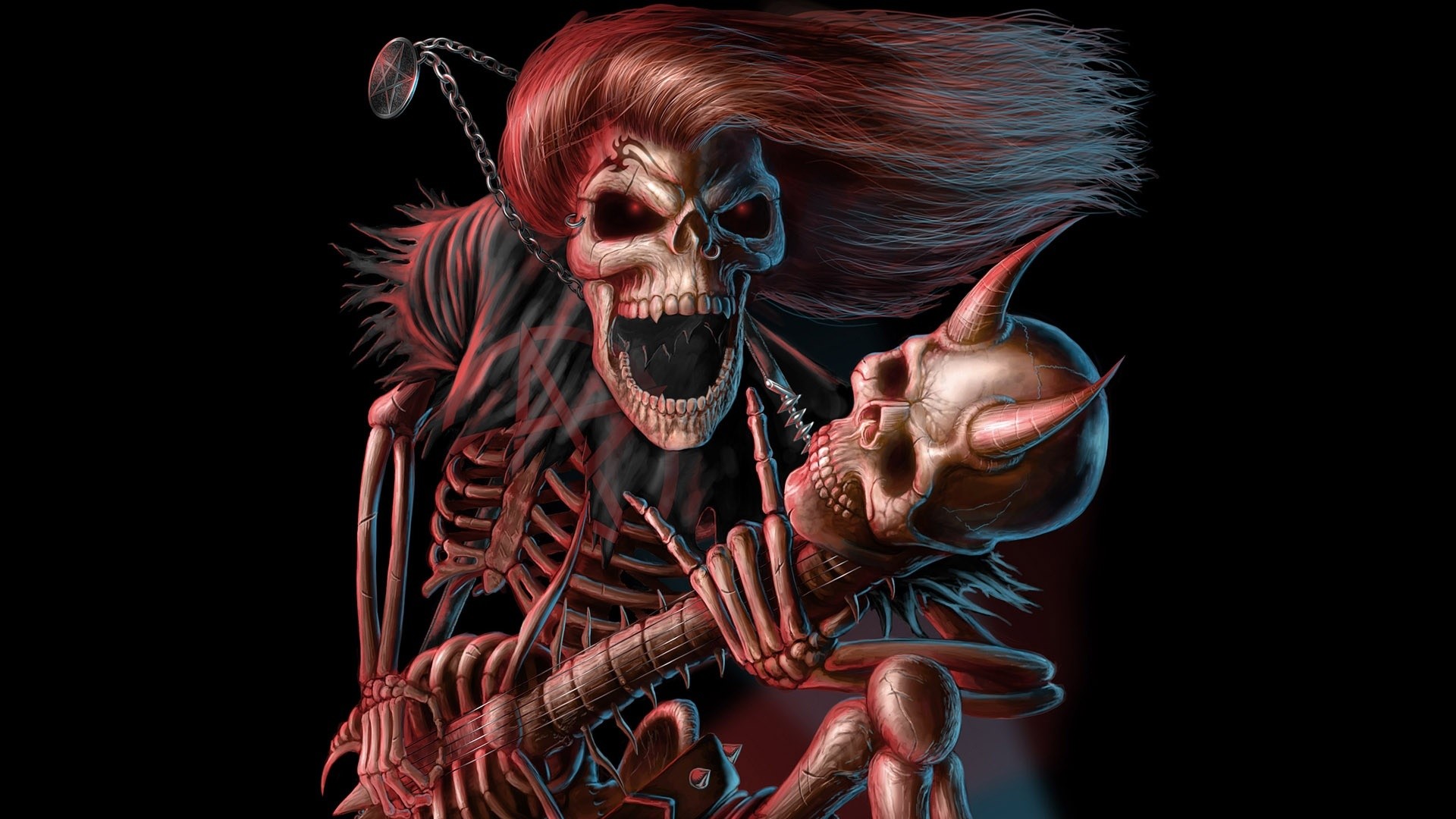 Teschio, Scheletro, Chitarra, Capelli rossi, 16:9 Full HD, sfondo widescreen