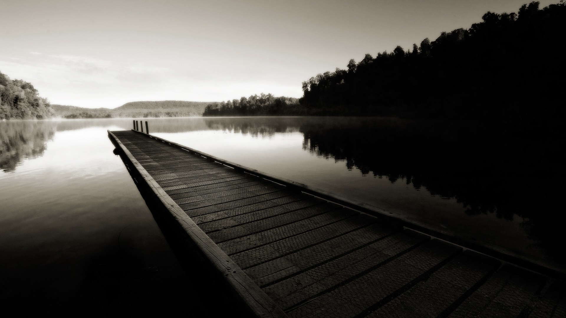 Pontile, Lago, Seppia, Bianco e nero, sfondo desktop