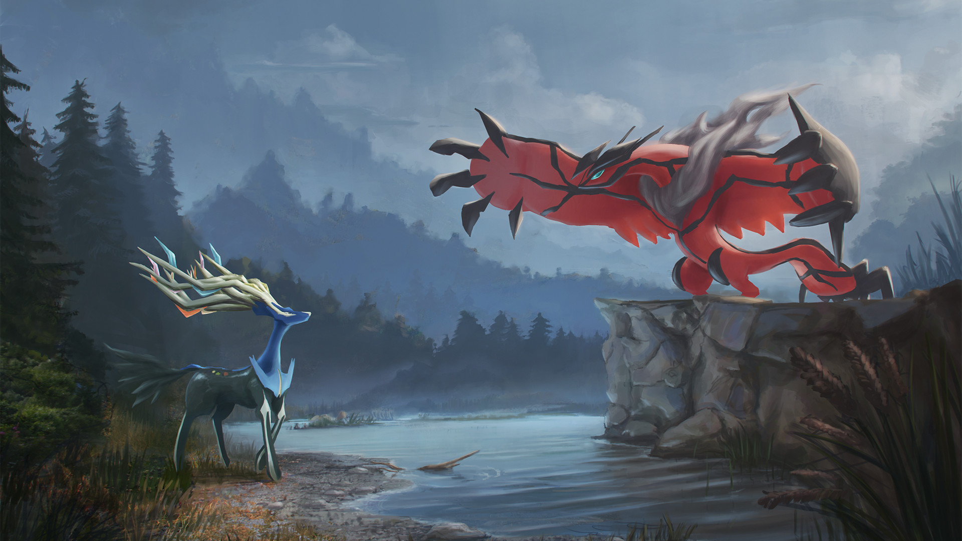 Xerneas, Yveltal, Pokémon X e Y, Fiume, Foresta, Full HD, sfondo per PC e portatile