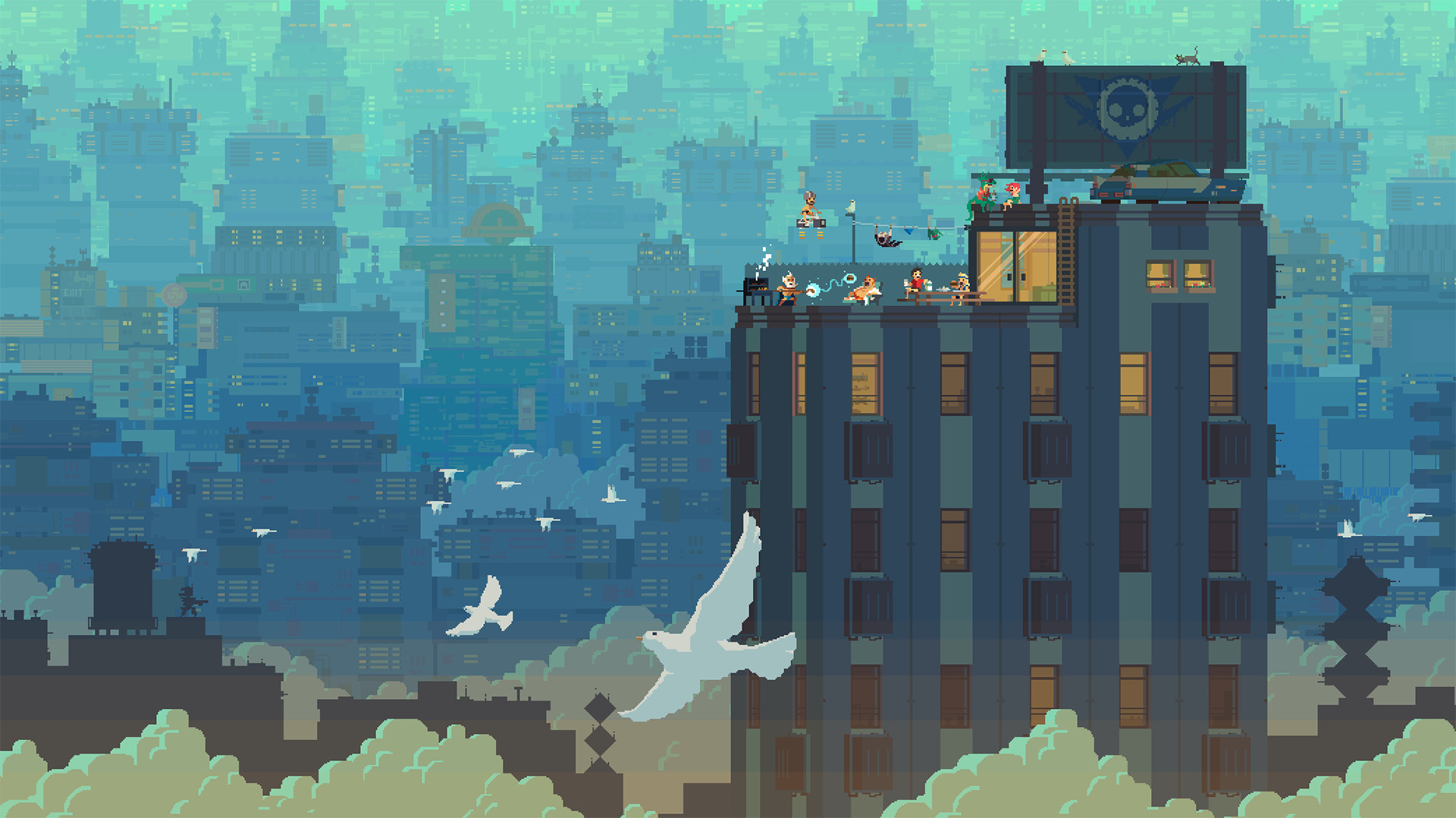 Pixel art, Città, Uccelli, Toni azzurri, 1920x1080, sfondo per PC