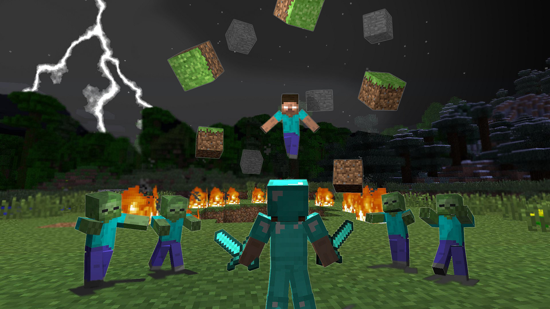 Herobrine, Minecraft, Zombie, Fulmine, Fuoco, 16:9 Full HD, sfondo widescreen