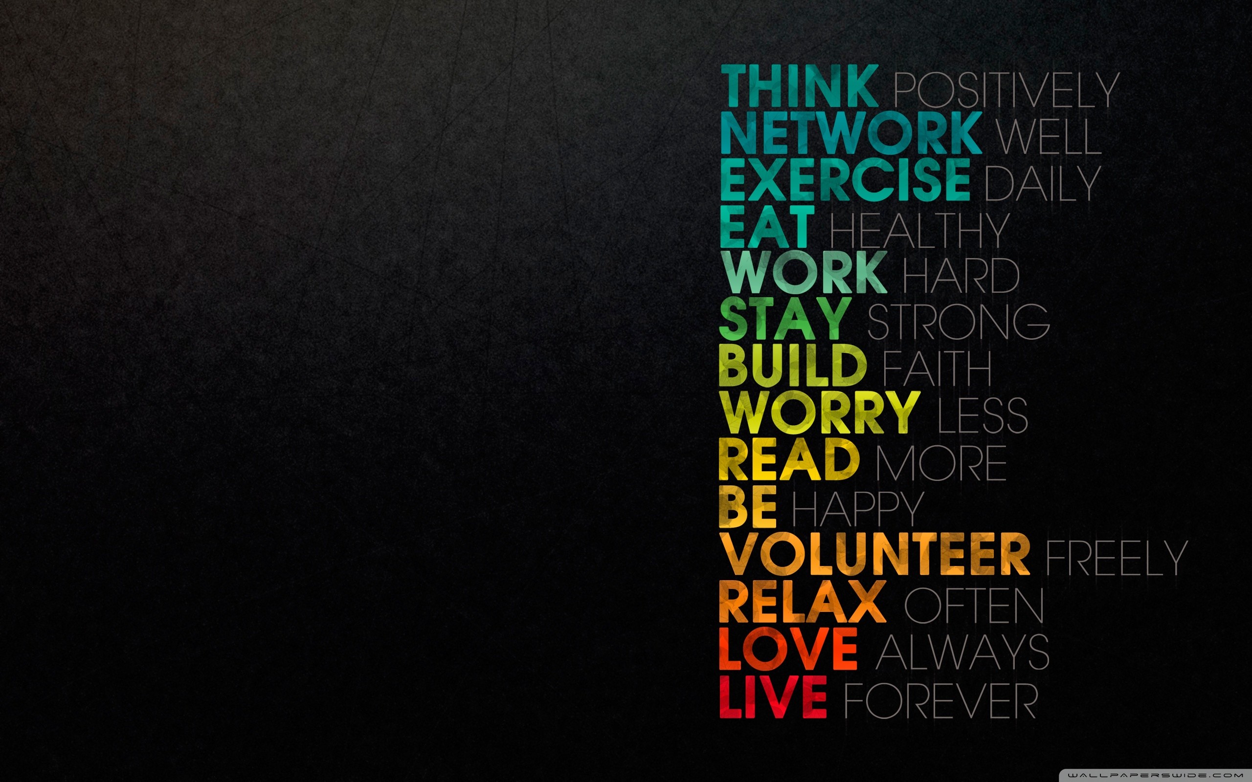 Think Positively, Regole di vita, Tipografia, Colorato, Sfondo nero, wallpaper desktop 2K