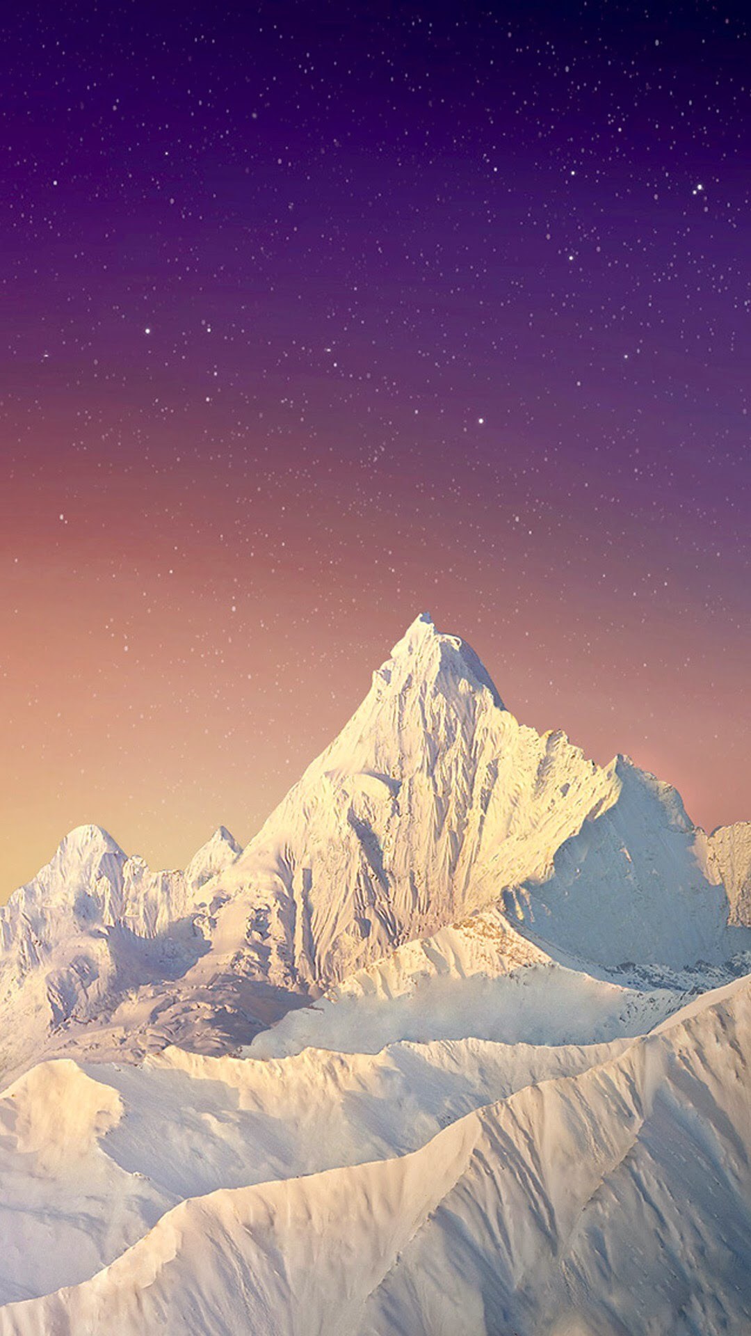 Montagna innevata, Cielo stellato, Viola, sfondo per iPhone
