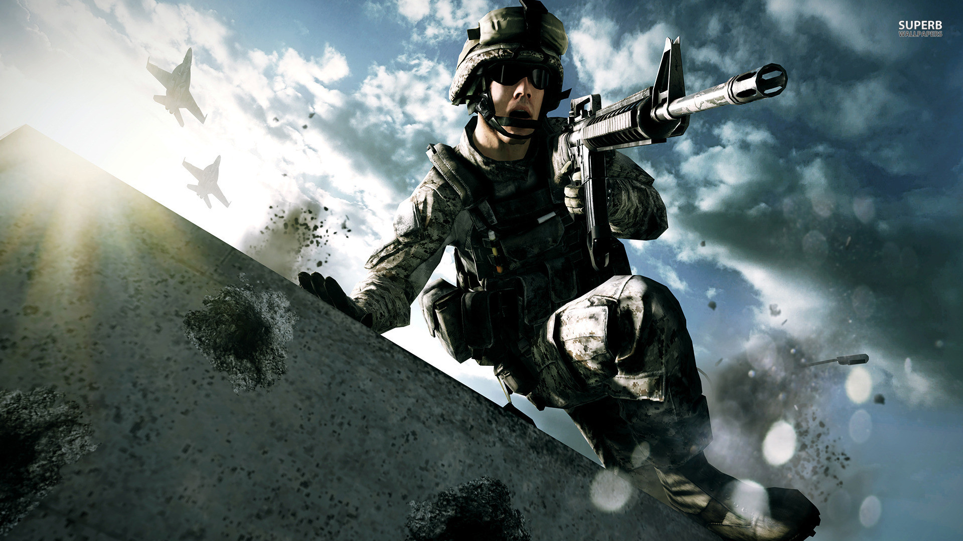 Battlefield 3, Soldato, Fucile d'assalto, Sole, Caccia, Full HD 1080p, sfondo desktop