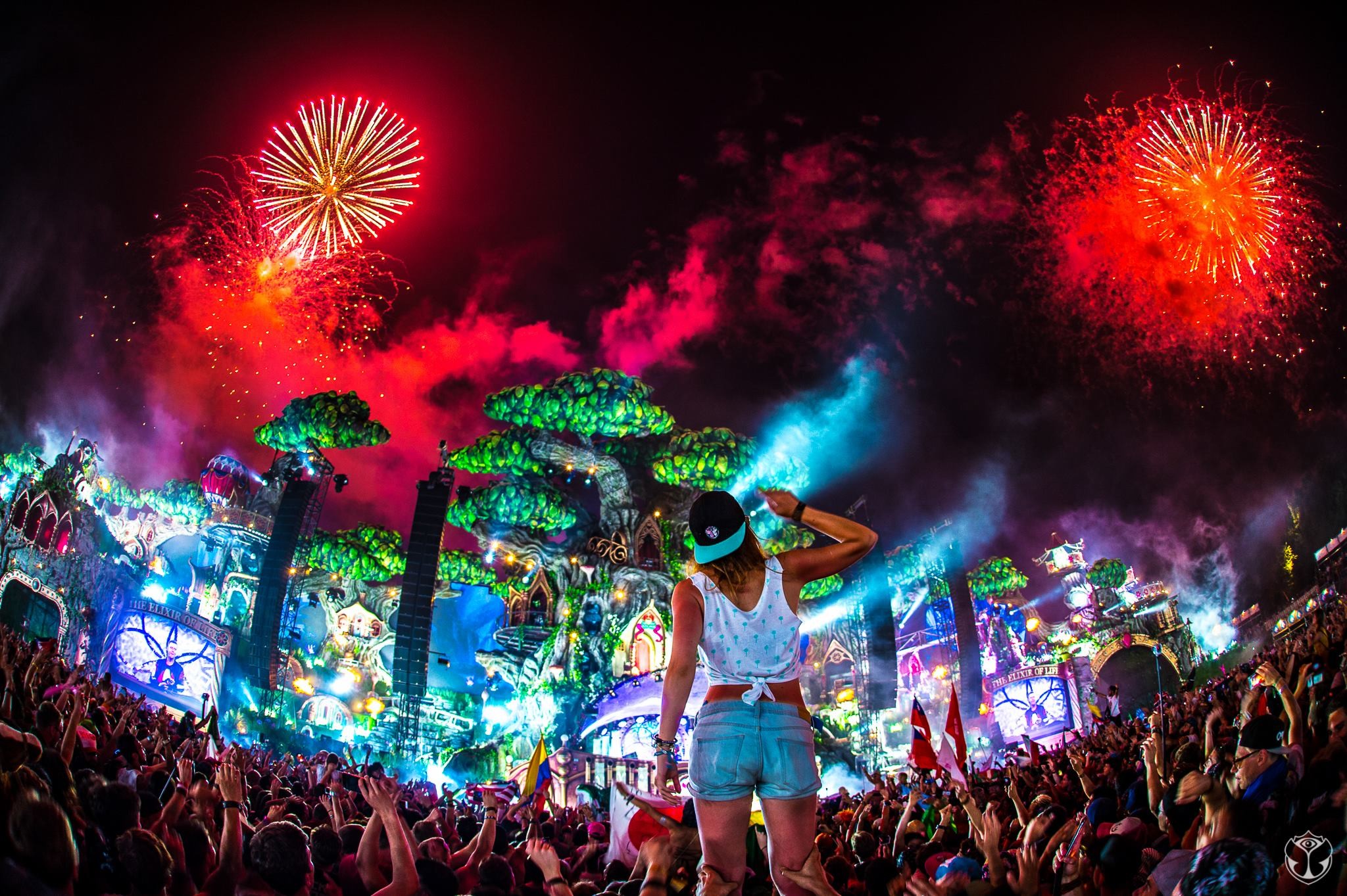 Tomorrowland, Fuochi d'artificio, Main stage, Folla, Full HD, sfondo Windows 11