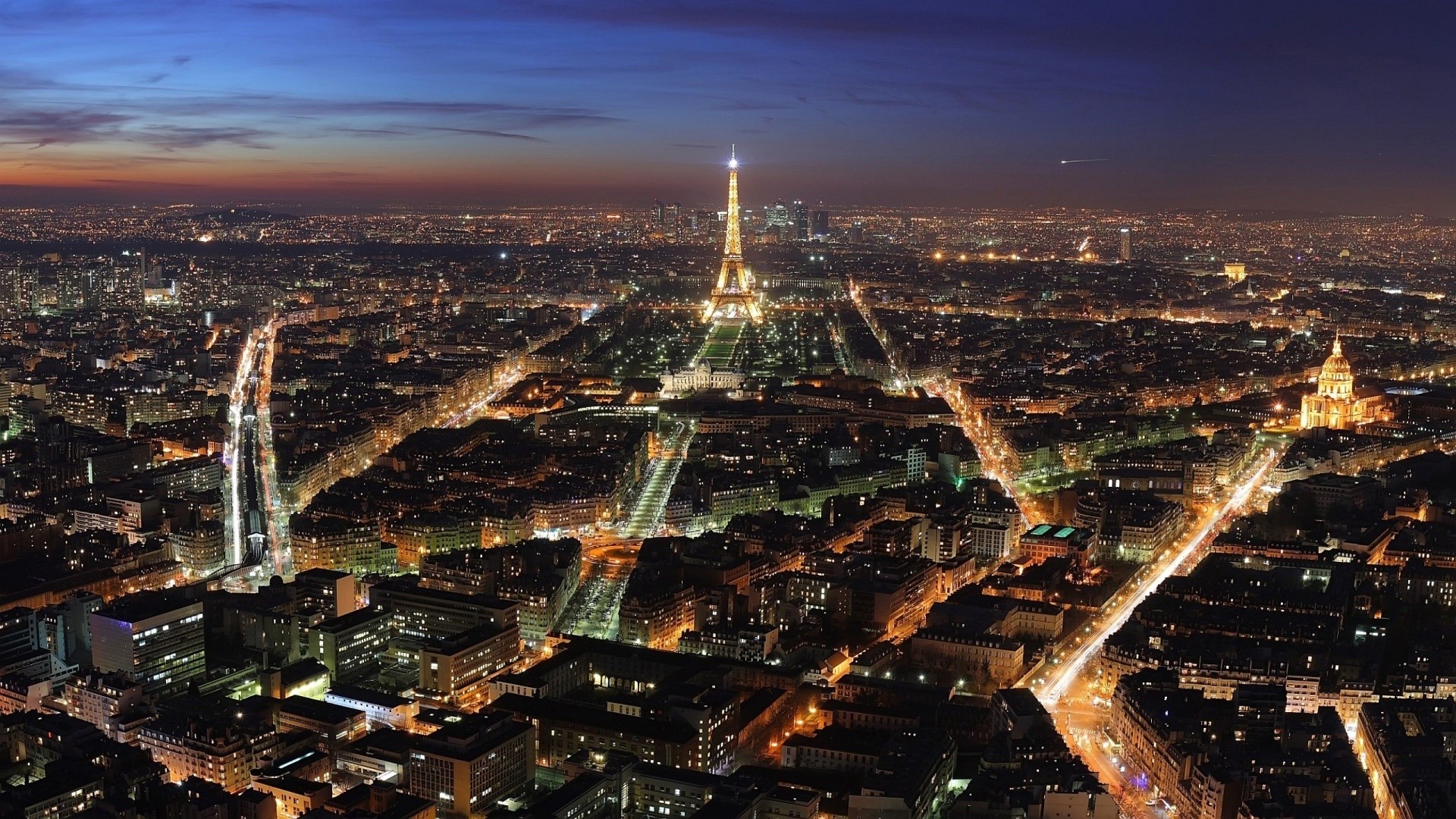 Torre Eiffel, Parigi, Notte, Vista aerea, Luci della città, Full HD, sfondo per PC