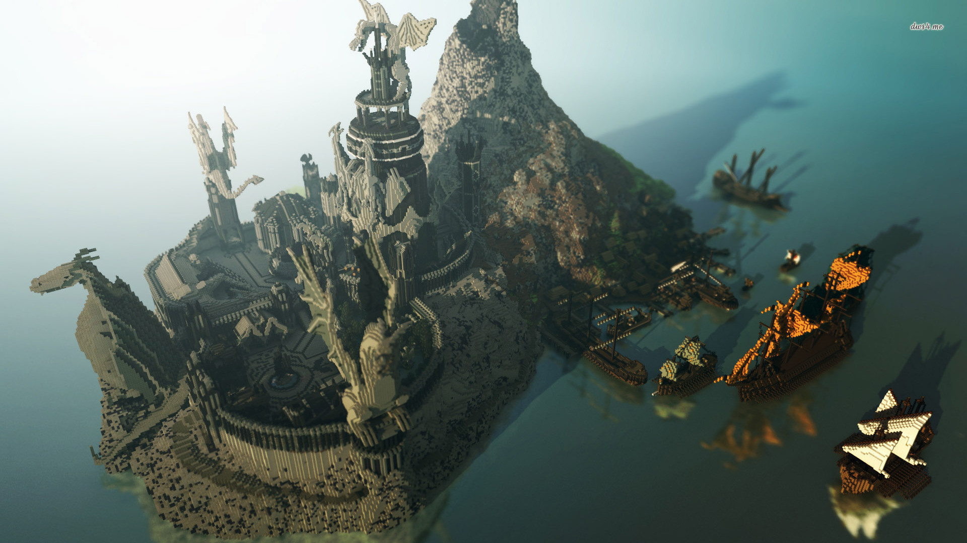 Minecraft, Castello, Velieri, Costruzione, 16:9 Full HD, sfondo widescreen