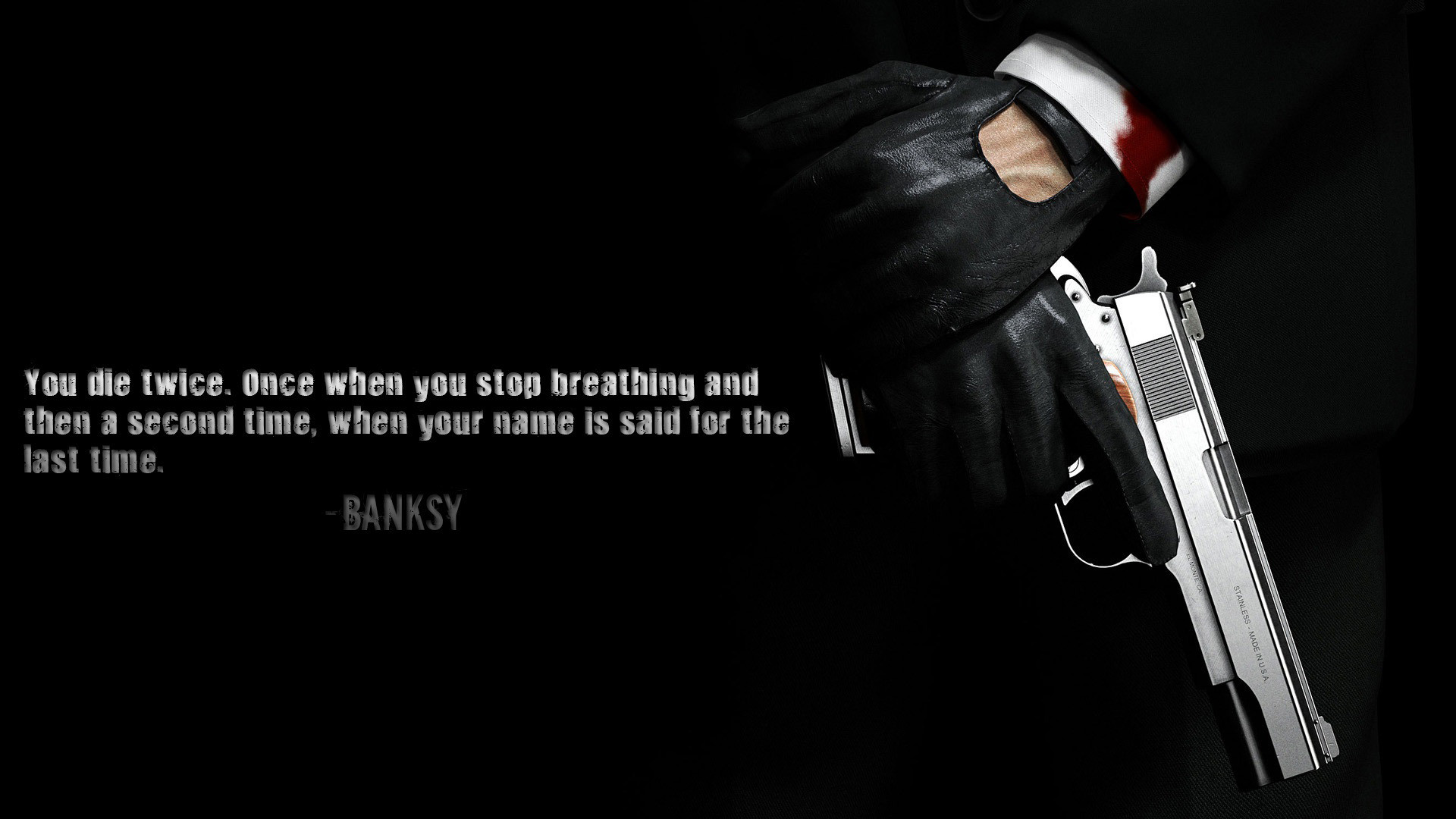 Banksy, Citazione, Pistola, Sfondo nero, 1920x1080, wallpaper desktop