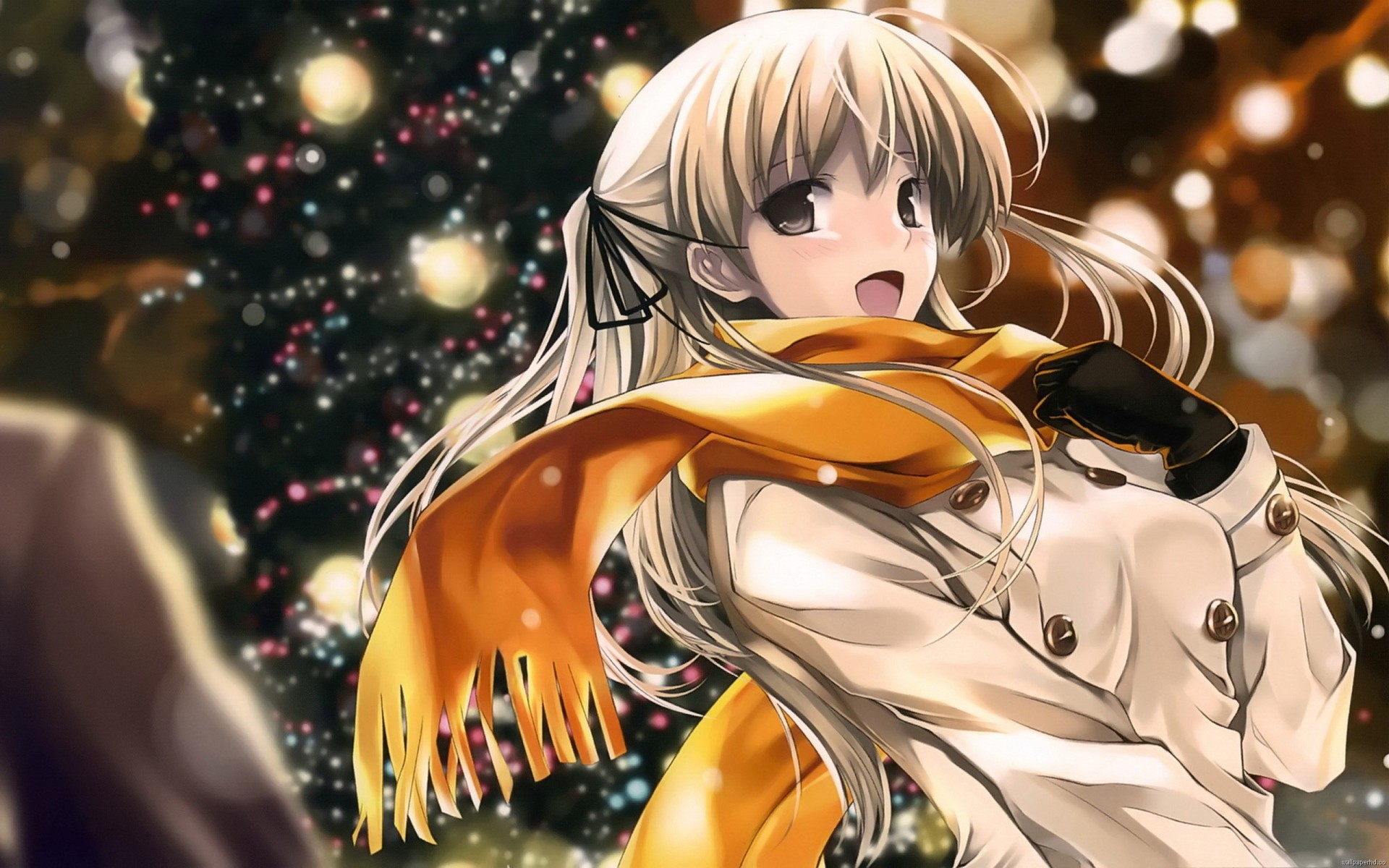 Ragazza anime, Sciarpa gialla, Bokeh, Inverno, 1920x1200, immagine di sfondo