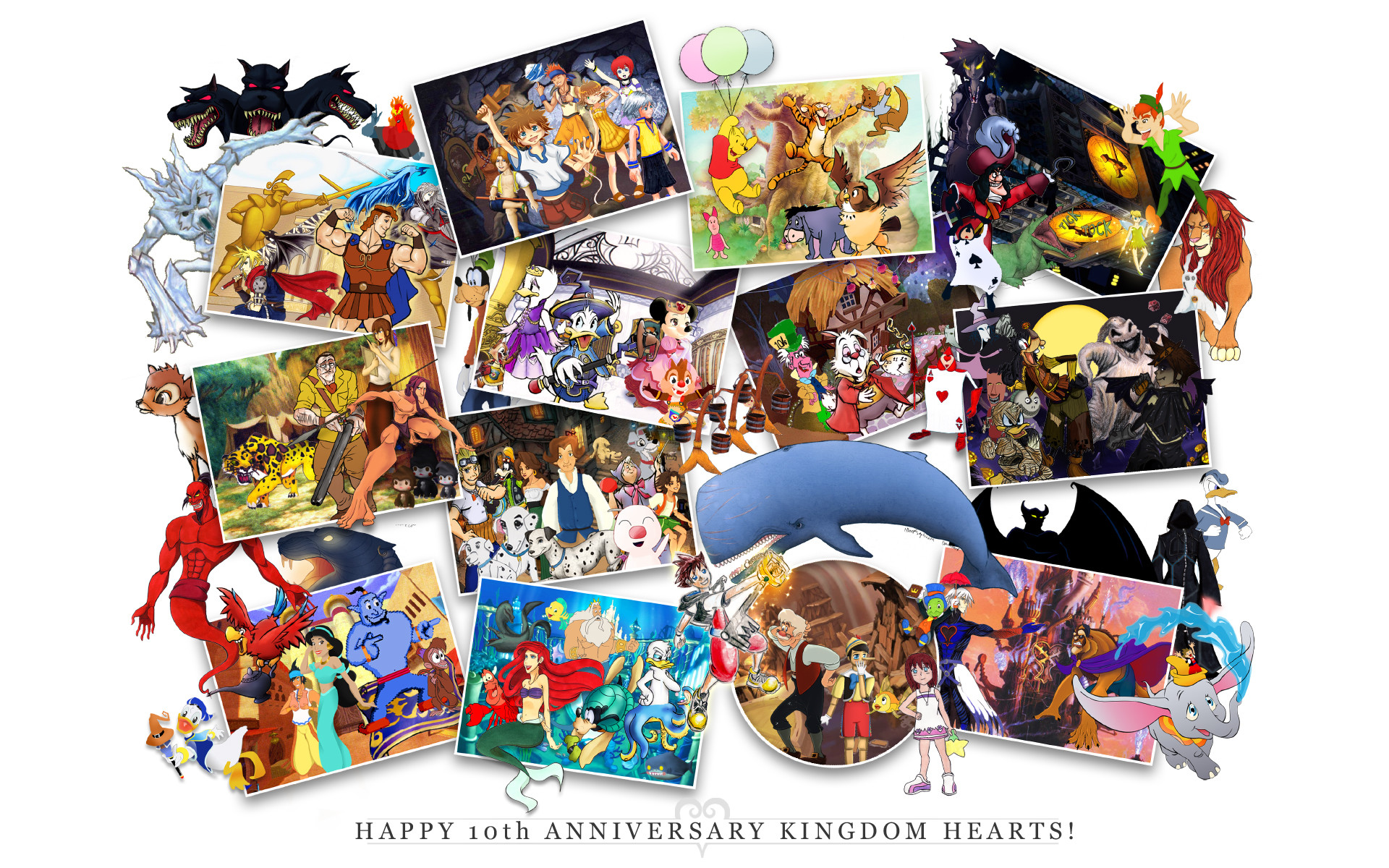 Kingdom Hearts, 10° anniversario, Collage, Mondi Disney, Sfondo bianco, wallpaper desktop Full HD
