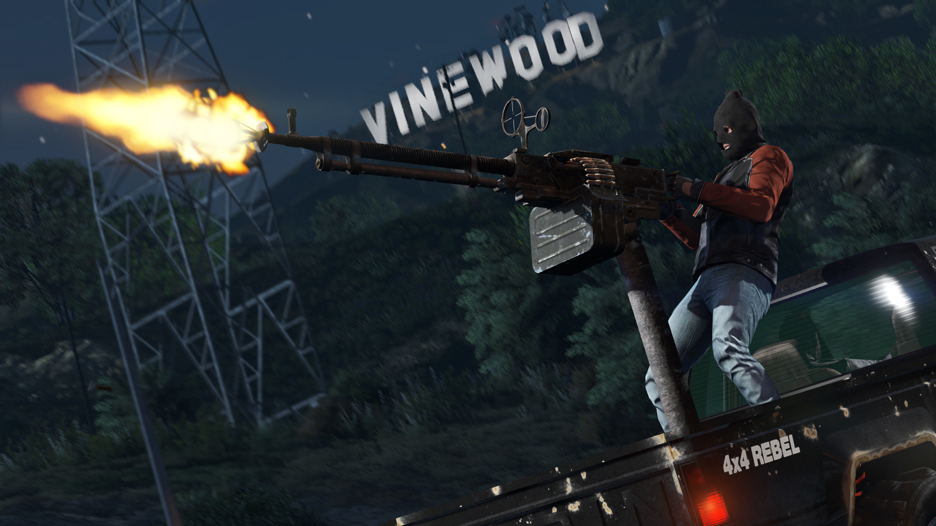 Grand Theft Auto V, Insegna Vinewood, Mitragliatrice, Notte, Fuoco, sfondo Full HD per portatile