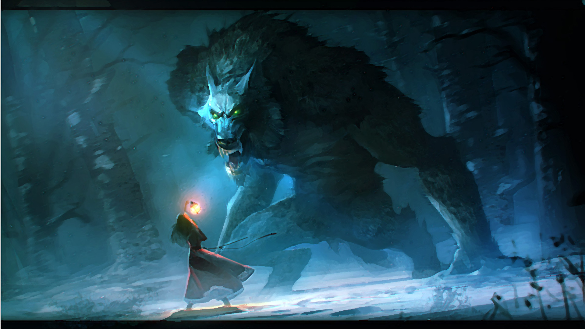 Lupo mannaro, Lanterna, Foresta, Notte, Blu, Full HD, wallpaper per PC