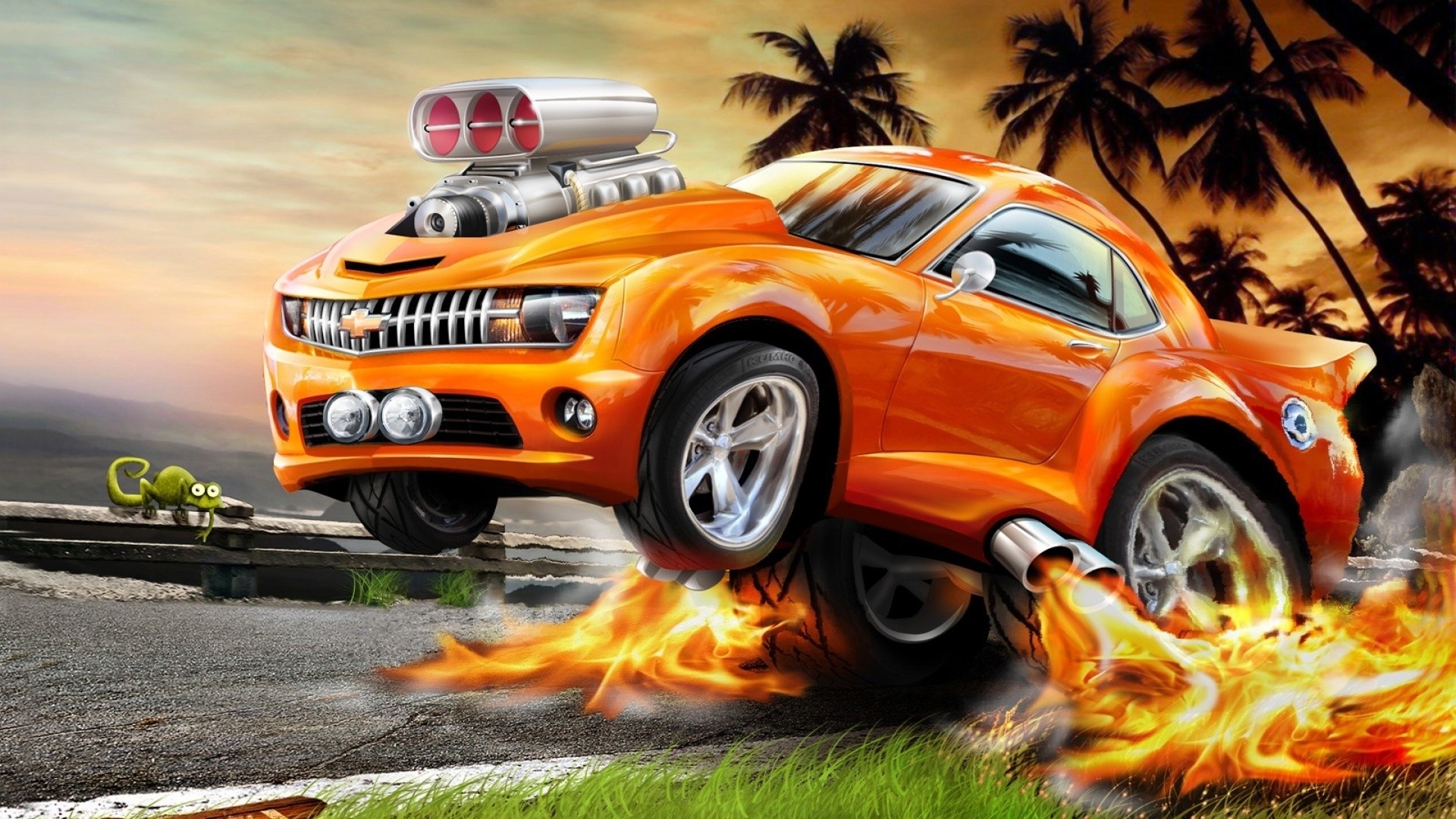Chevrolet Camaro, Hot rod, Fiamme, Caricatura, 1920x1080, immagine di sfondo