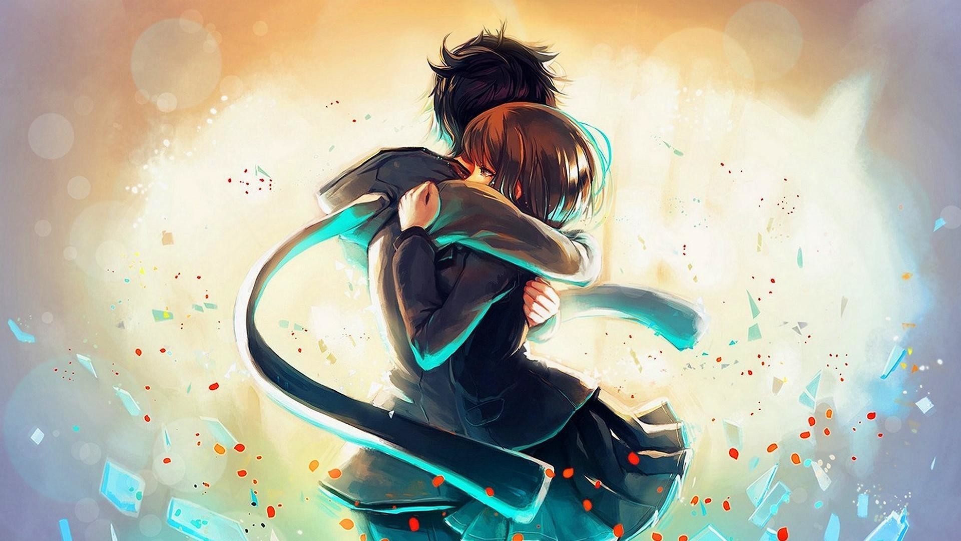 Coppia anime, Abbraccio, Sciarpa, Luce calda, Full HD, sfondo per PC e portatile