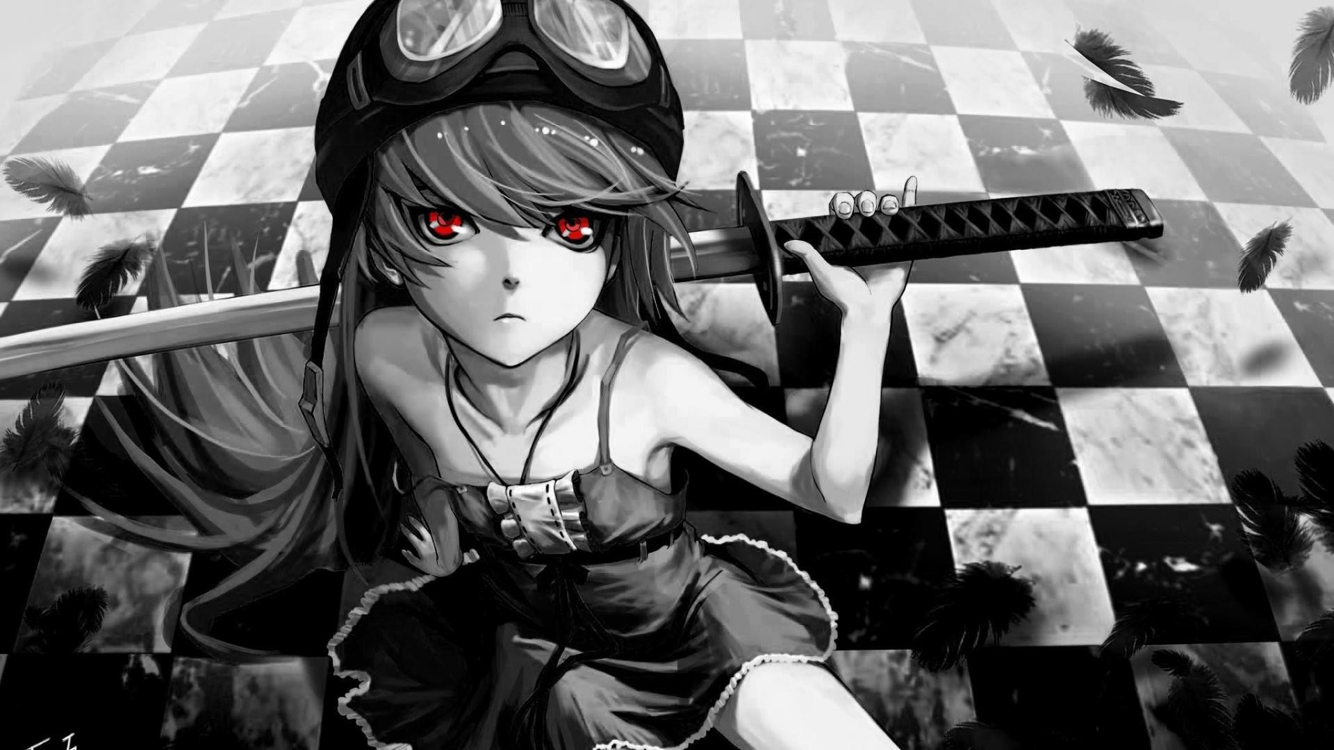 Ragazza anime, Katana, Scacchiera, Bianco e nero, 1920x1080, sfondo per PC
