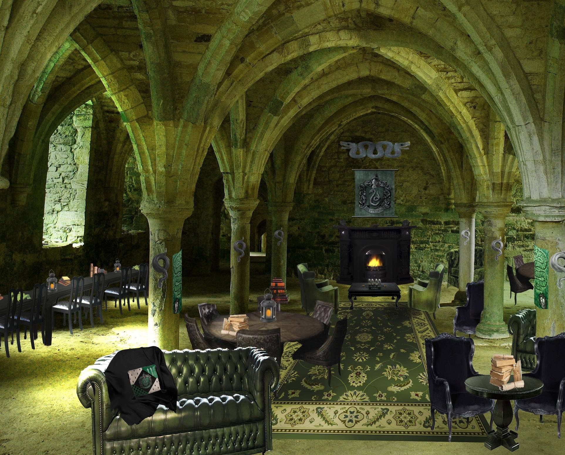 Sala comune di Serpeverde, Serpeverde, Harry Potter, Sotterranei, Volte gotiche, sfondo desktop